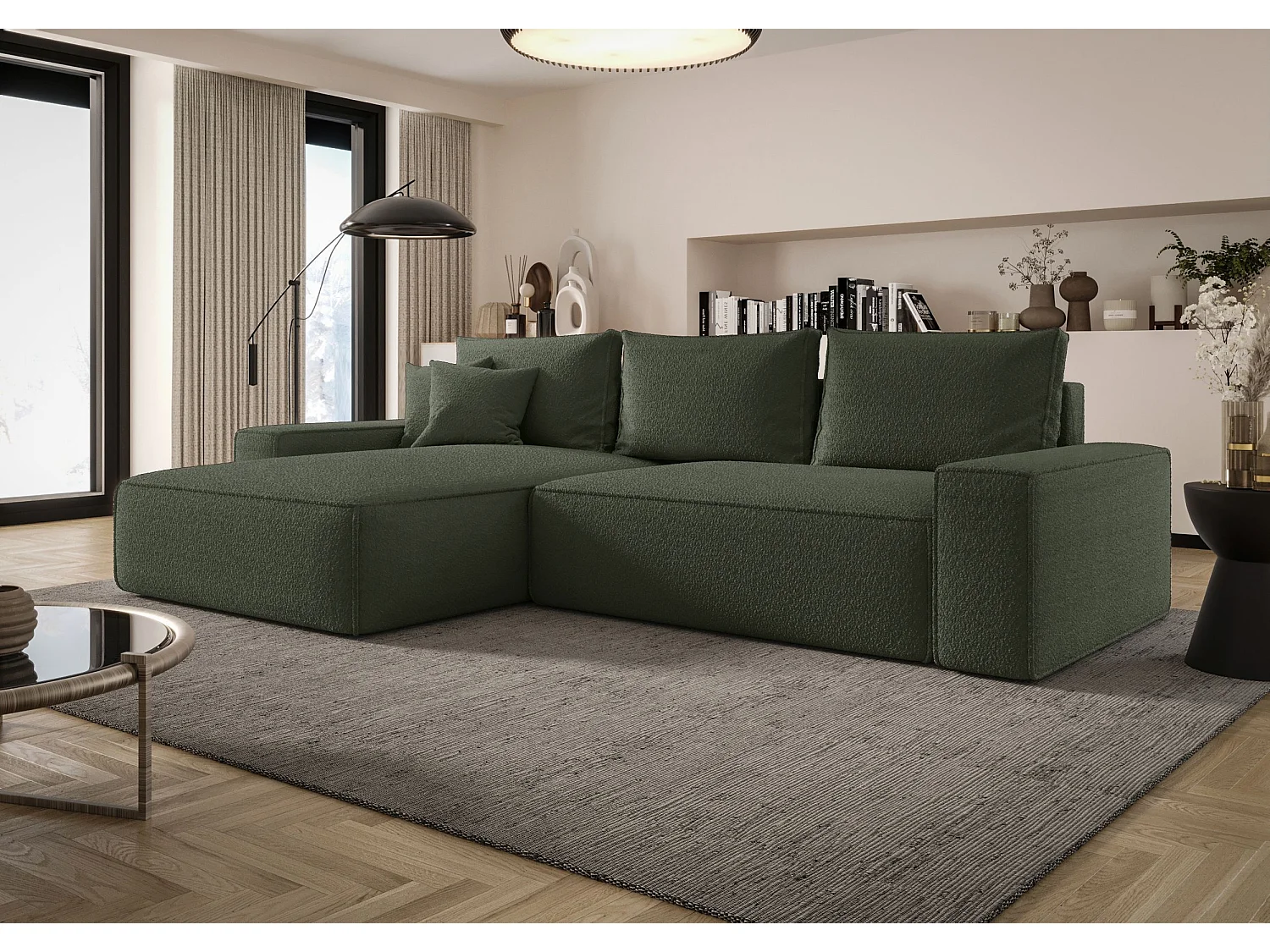 Canapé d'angle CALIFORNIA gauche Ciemno Zielony Bukle Quelle 37 - fonction couchage, coffre à literie