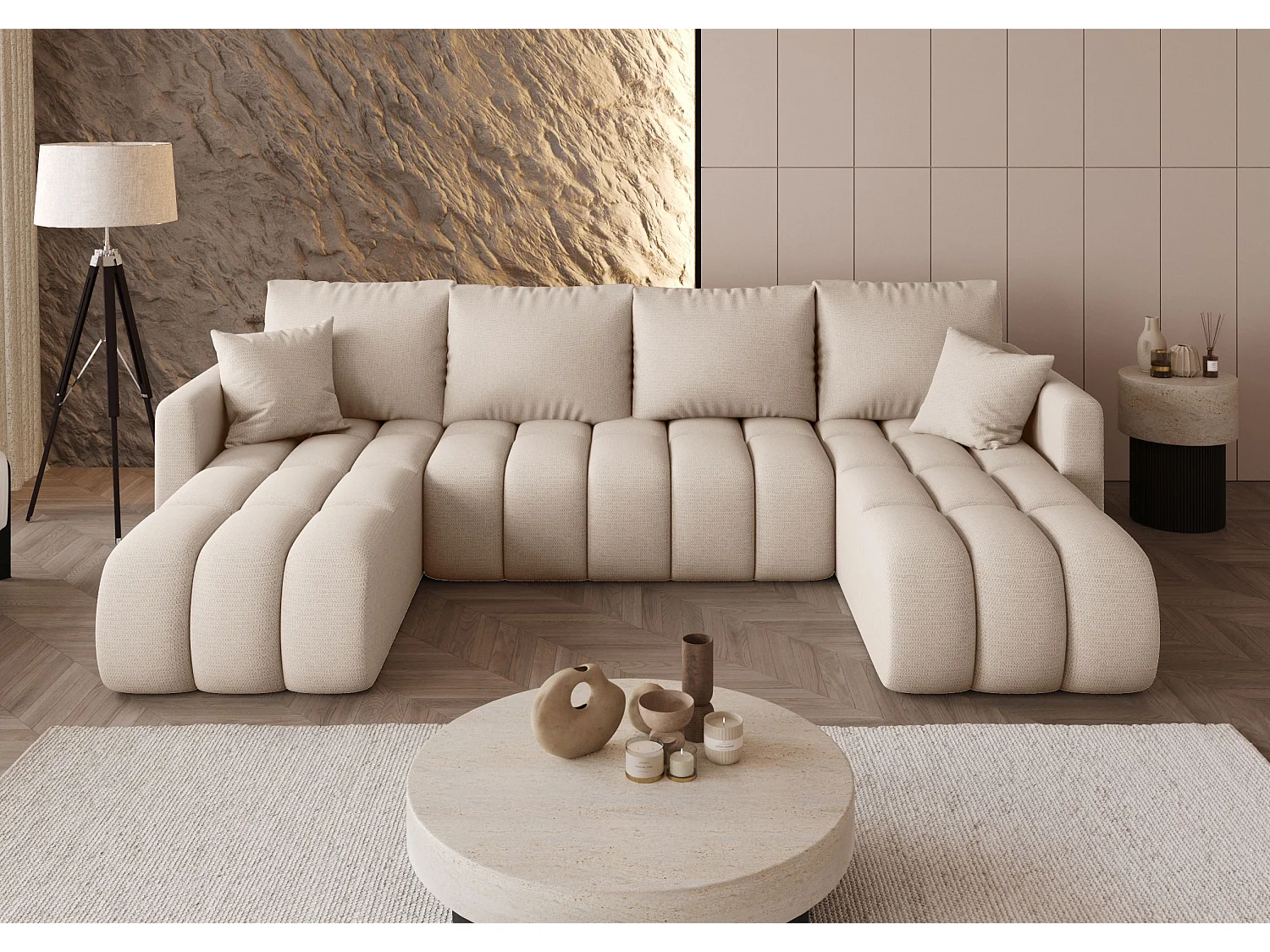 Canapé d'angle GARDA en U beige clair tricot Aragon 3 - fonction couchage, coffre à literie