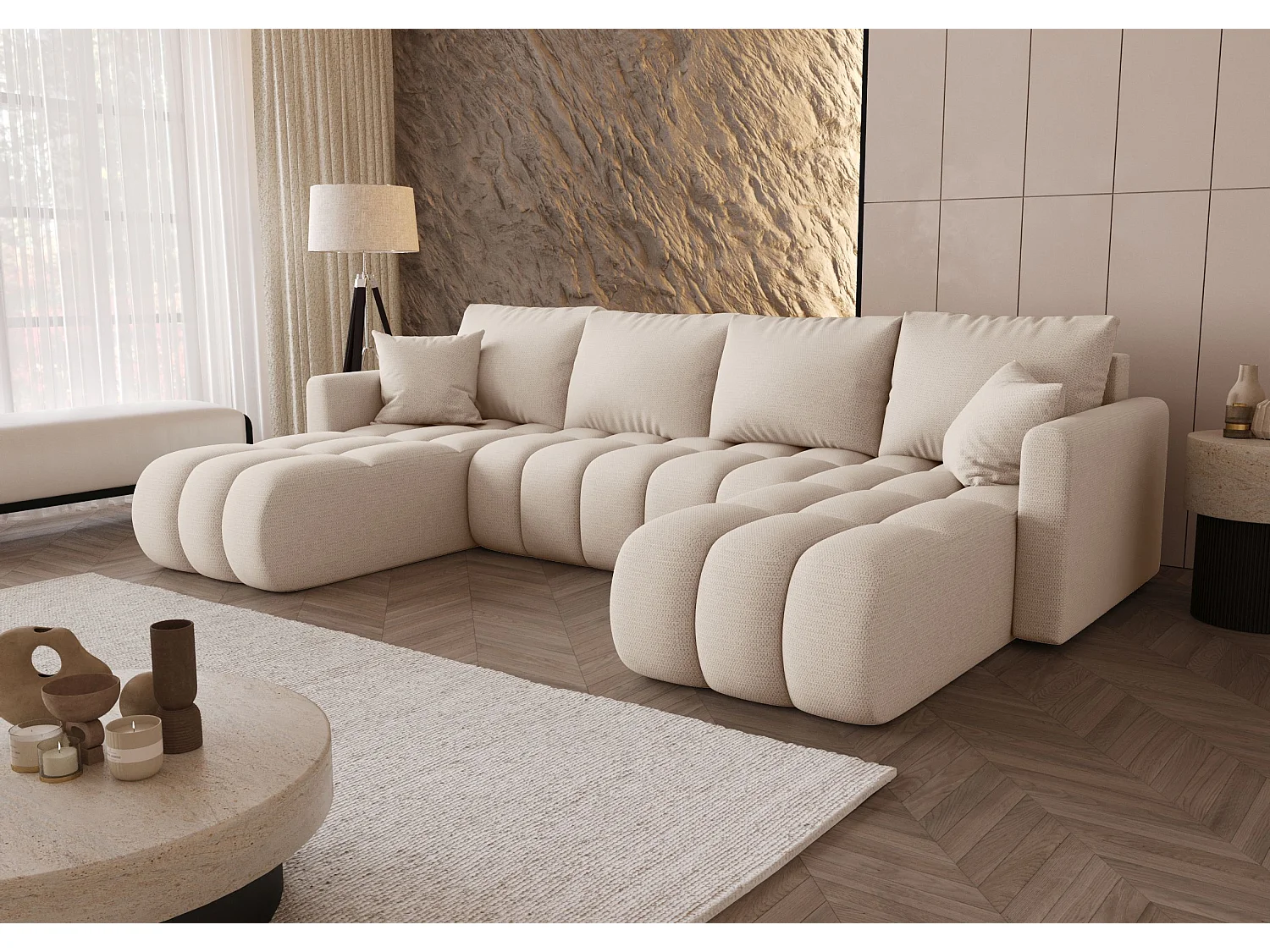 Canapé d'angle GARDA en U beige clair tricot Aragon 3 - fonction couchage, coffre à literie
