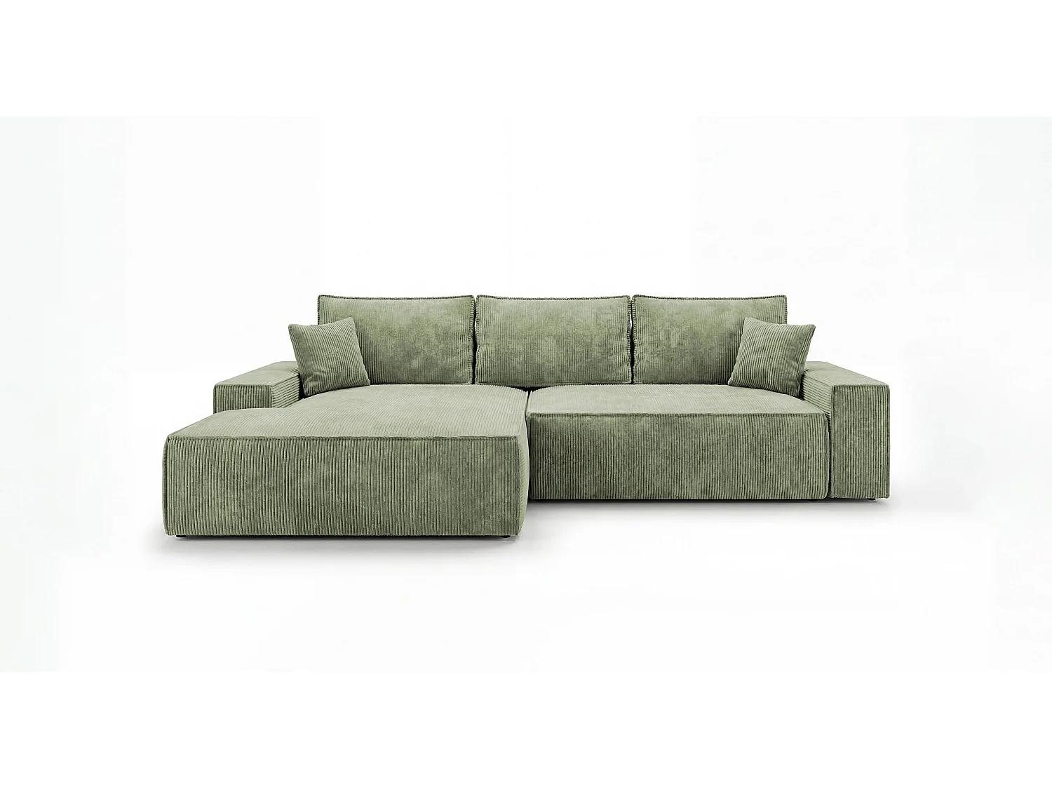 Canapé d'angle VERONA gauche vert clair velours côtelé Poso 47 - fonction couchage, coffre à literie