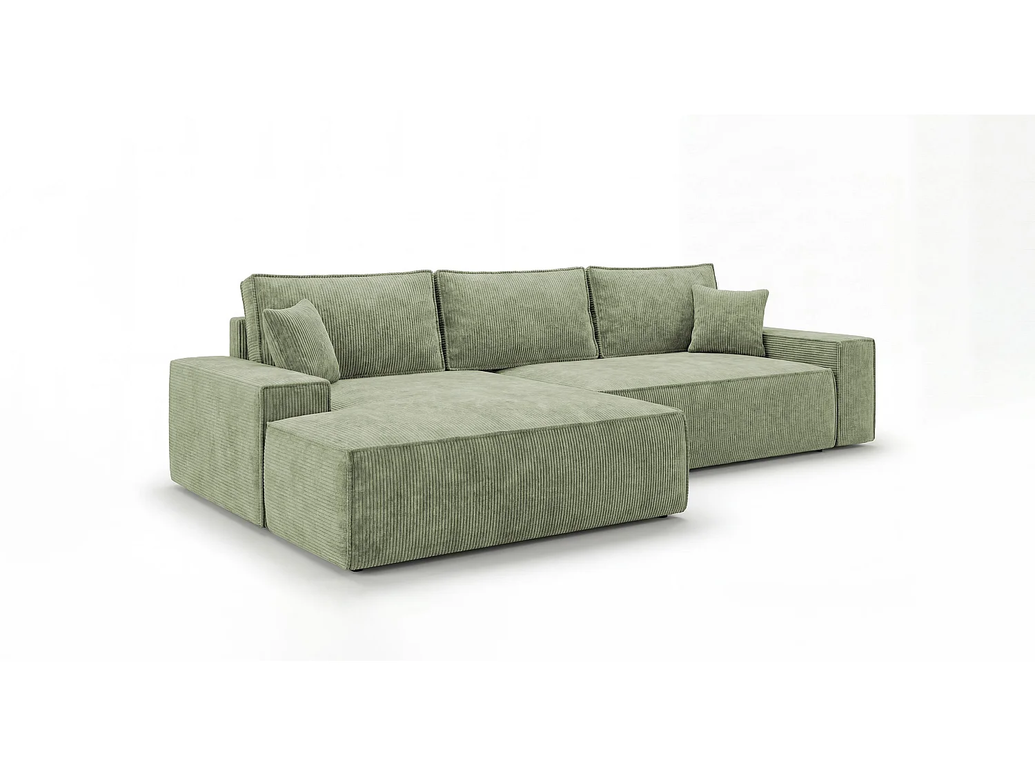 Canapé d'angle VERONA gauche vert clair velours côtelé Poso 47 - fonction couchage, coffre à literie