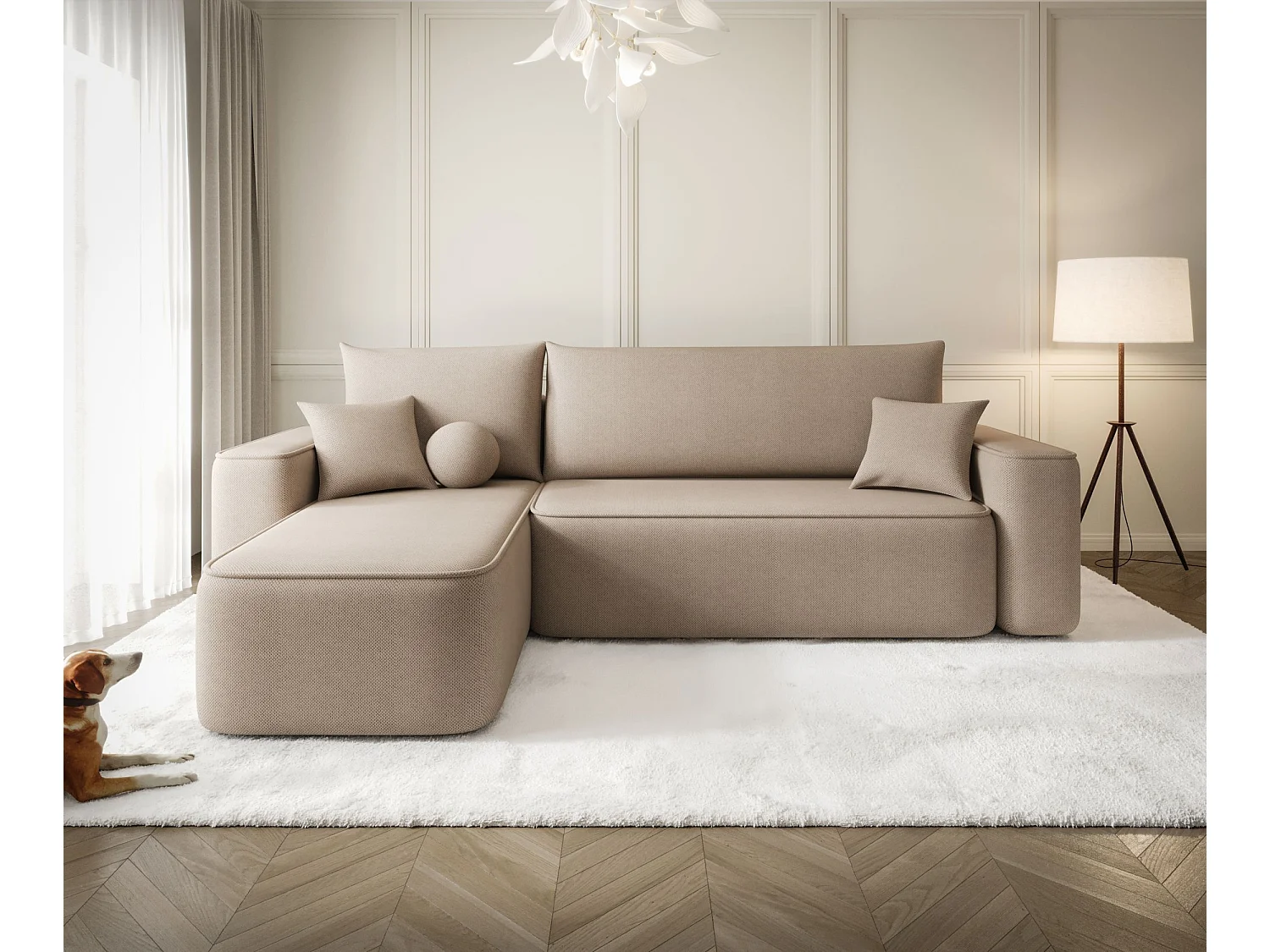 Canapé d'angle TEXAS gauche Jasno Brazowy tricot Curio 15 - fonction couchage, coffre à literie