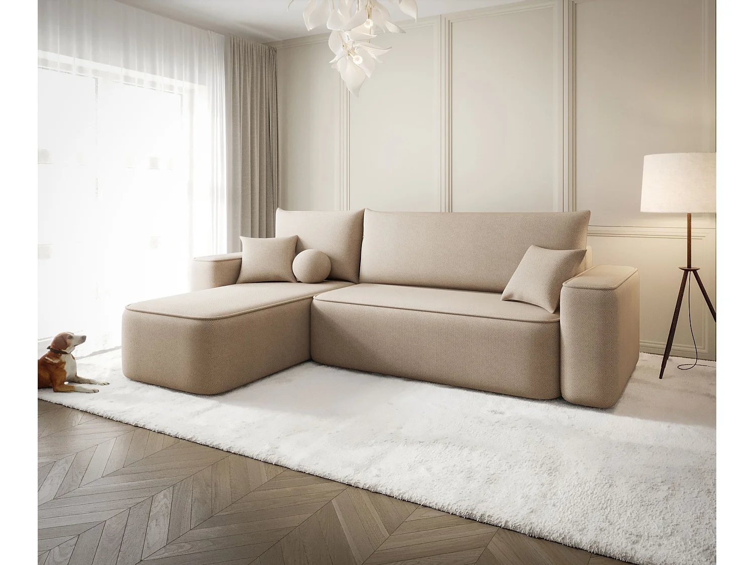 Canapé d'angle TEXAS gauche Jasno Brazowy tricot Curio 15 - fonction couchage, coffre à literie