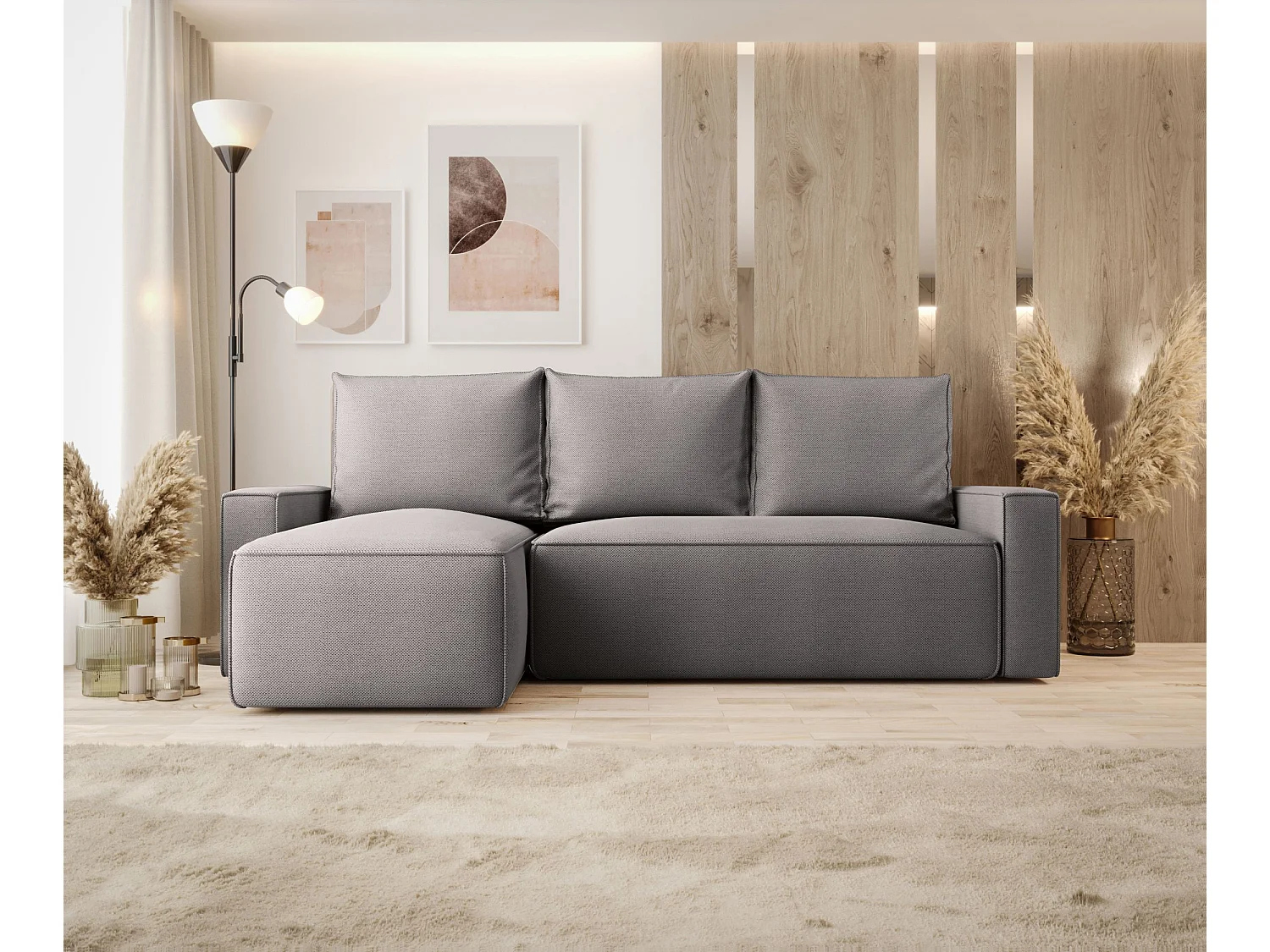 Canapé d'angle HAVANA gauche gris tricot Curio 83 - fonction couchage, coffre à literie