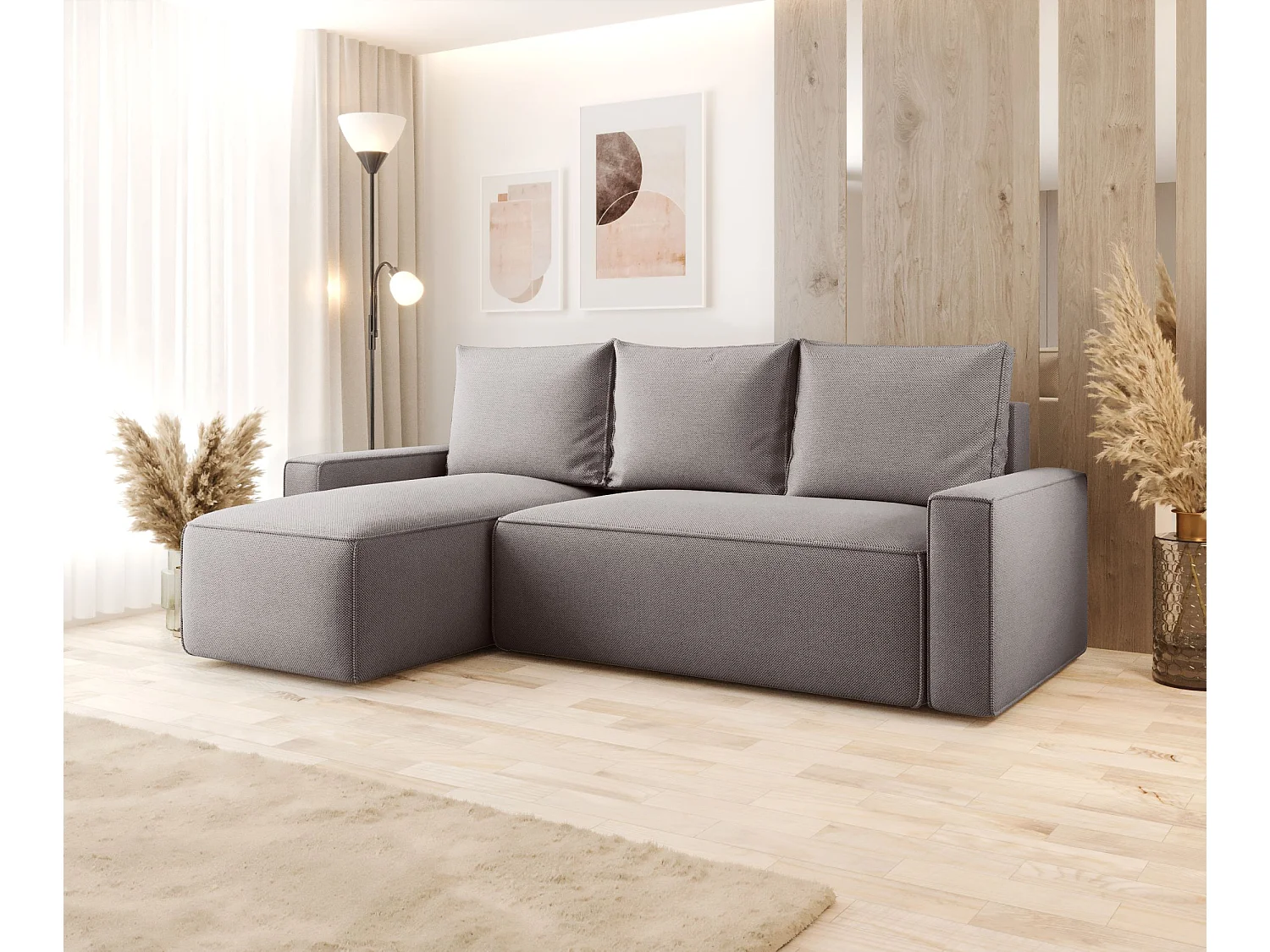 Canapé d'angle HAVANA gauche gris tricot Curio 83 - fonction couchage, coffre à literie