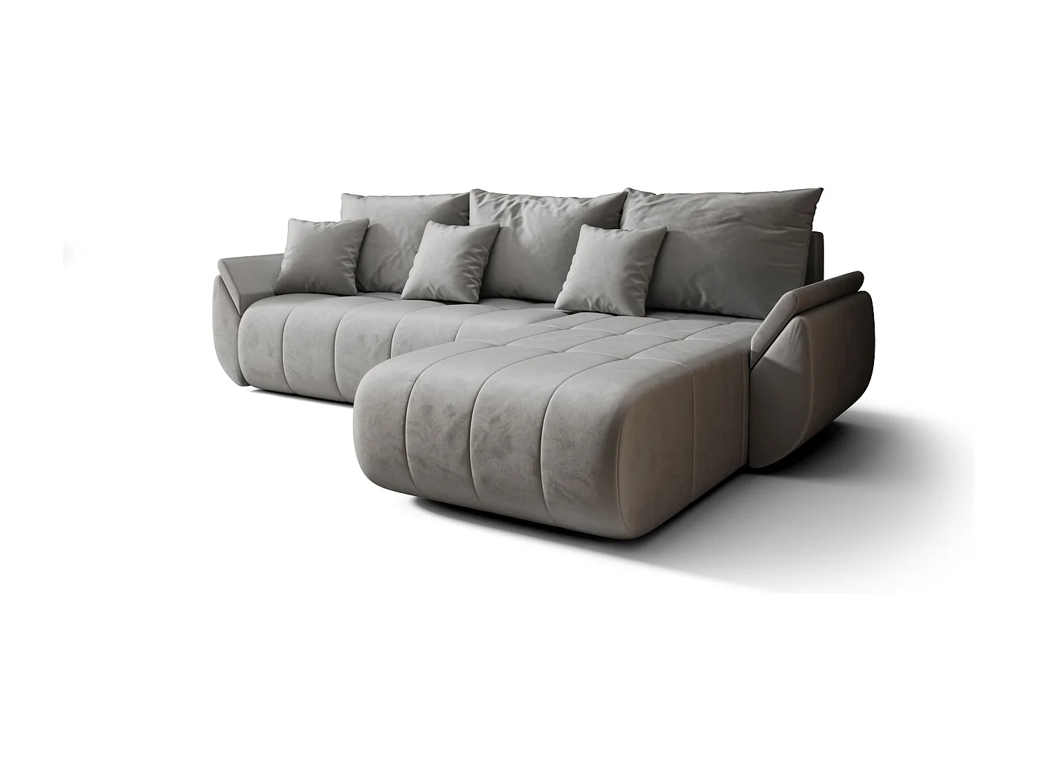 Canapé d'angle SYDNEY droit gris clair velours Monolith 84 - fonction couchage, coffre à literie