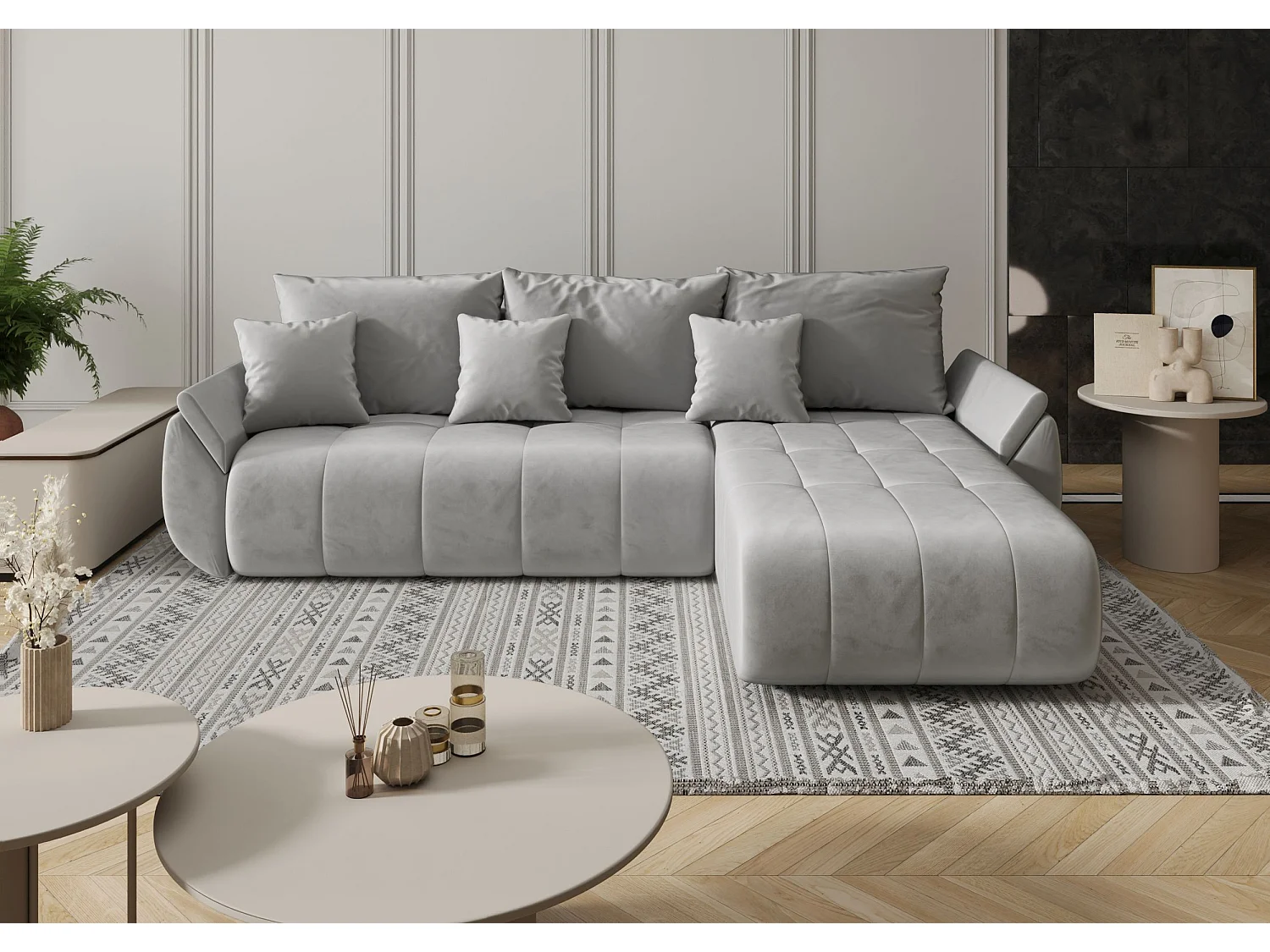 Canapé d'angle SYDNEY droit gris clair velours Monolith 84 - fonction couchage, coffre à literie