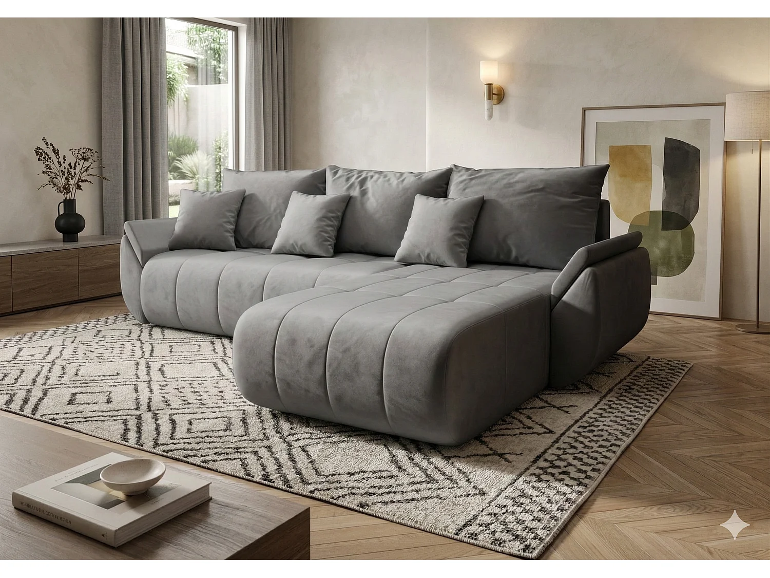 Canapé d’angle velours beige convertible avec coffre NOVA-Gris clair-angle droit