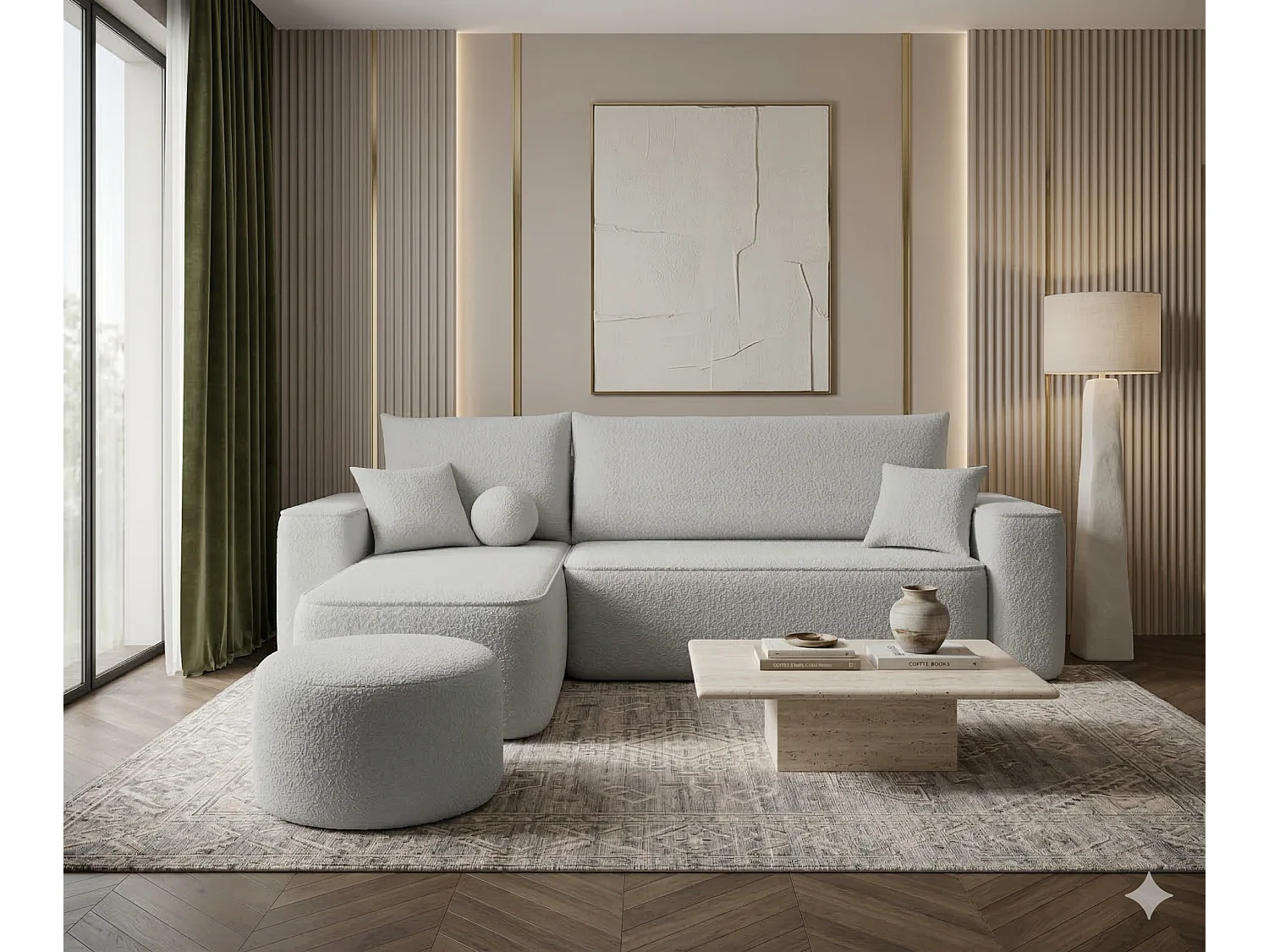 Canapé d'angle gauche 3 places convertible avec coffre en tissu gris CENA