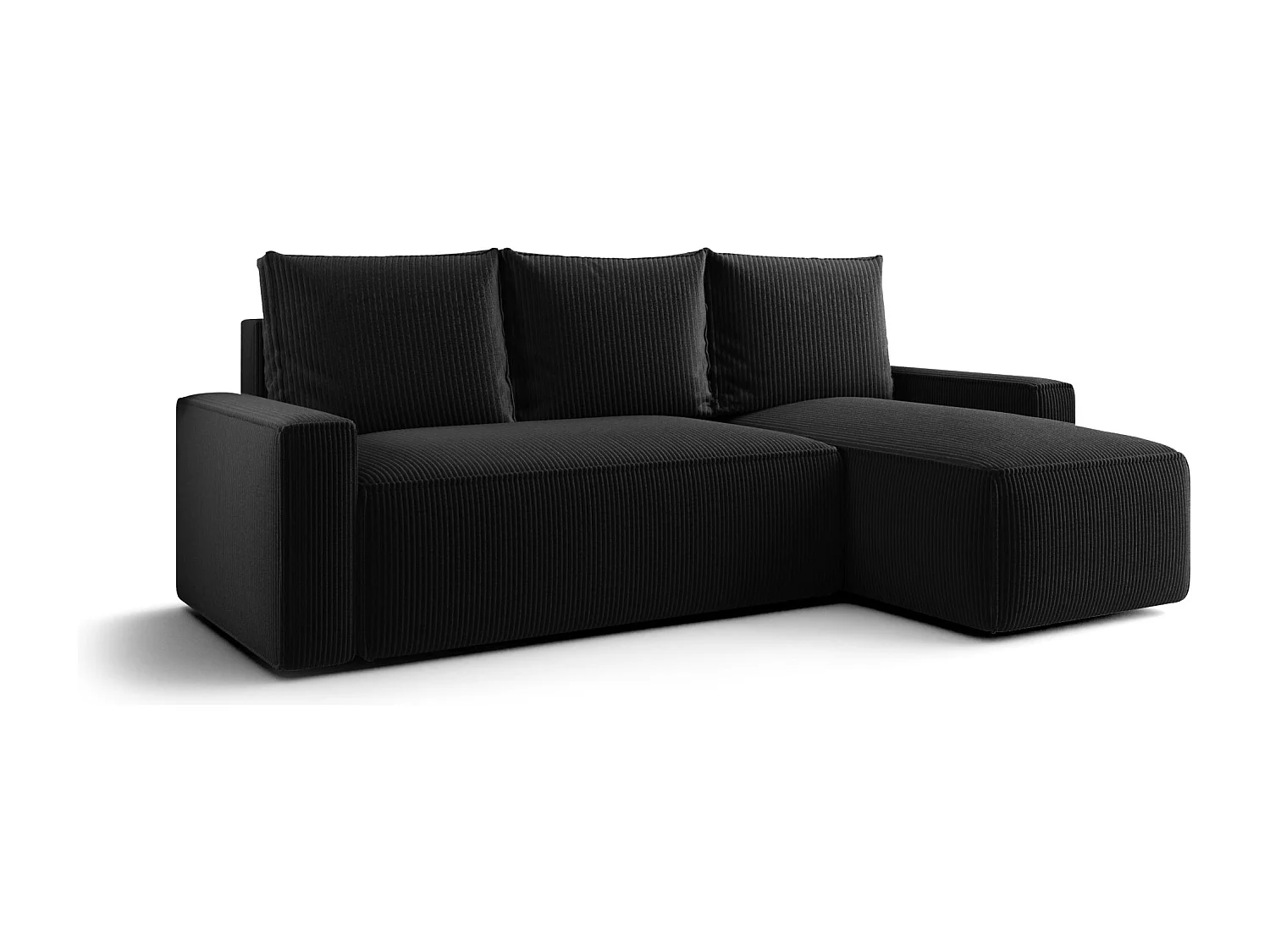 Canapé d'angle HAVANA droit noir velours côtelé Poso 135 - fonction couchage, coffre à literie