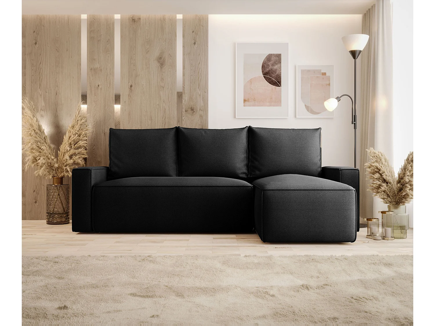 Canapé d'angle HAVANA droit noir tricot Curio 99 - fonction couchage, coffre à literie