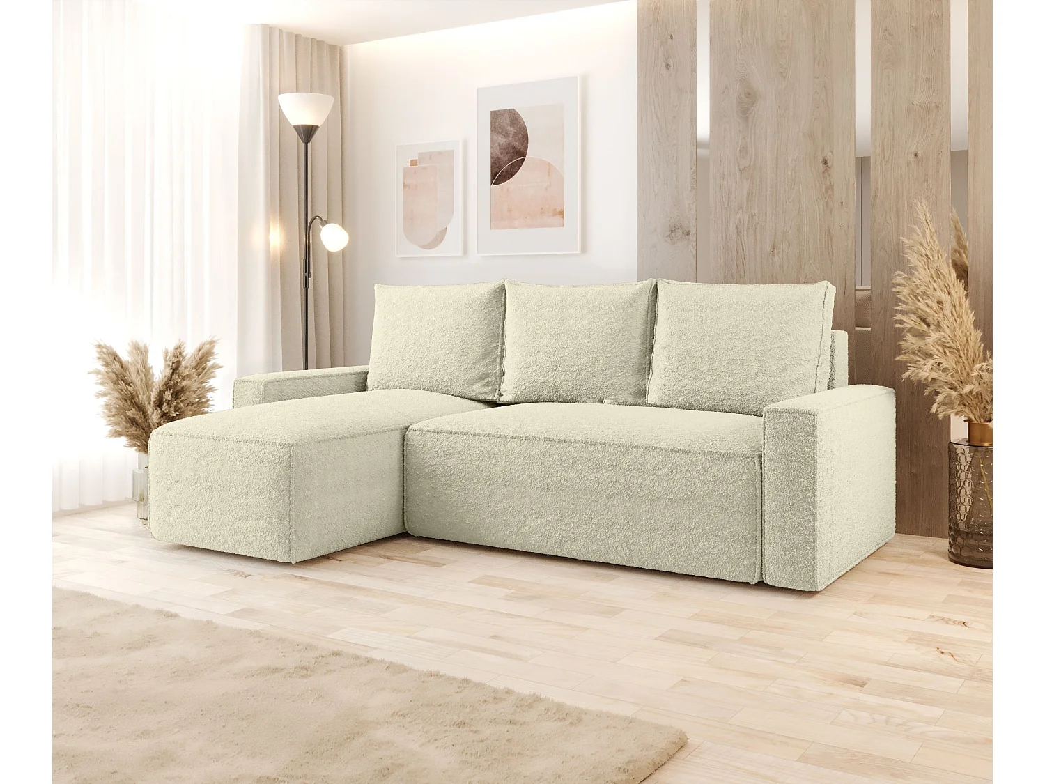 Canapé d'angle HAVANA gauche Jasny Bezowy Bukle Quelle 2 - fonction couchage, coffre à literie