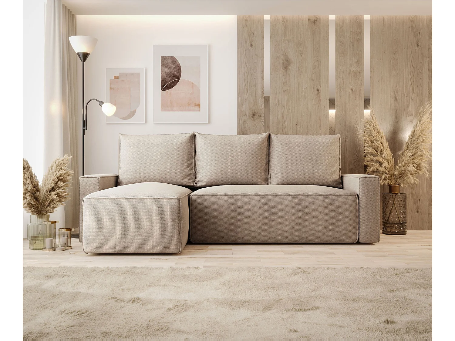 Canapé d'angle HAVANA gauche Jasno Brazowy tricot Curio 15 - fonction couchage, coffre à literie