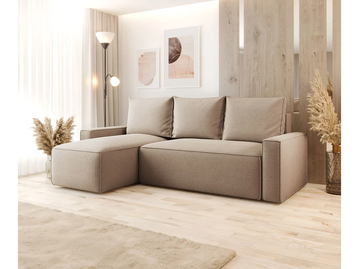 Canapé d'angle HAVANA gauche Jasno Brazowy tricot Curio 15 - fonction couchage, coffre à literie