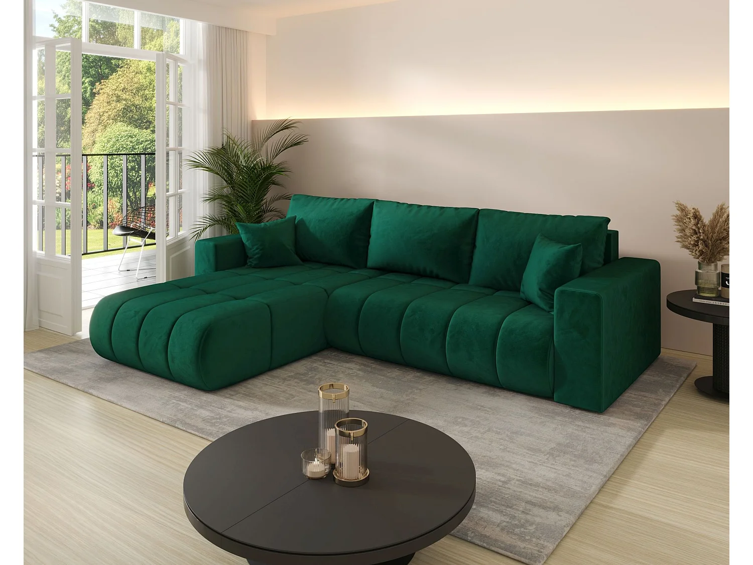 Canapé d'angle LARA PREMIUM gauche vert velours Monolith 37 - fonction couchage, coffre à literie