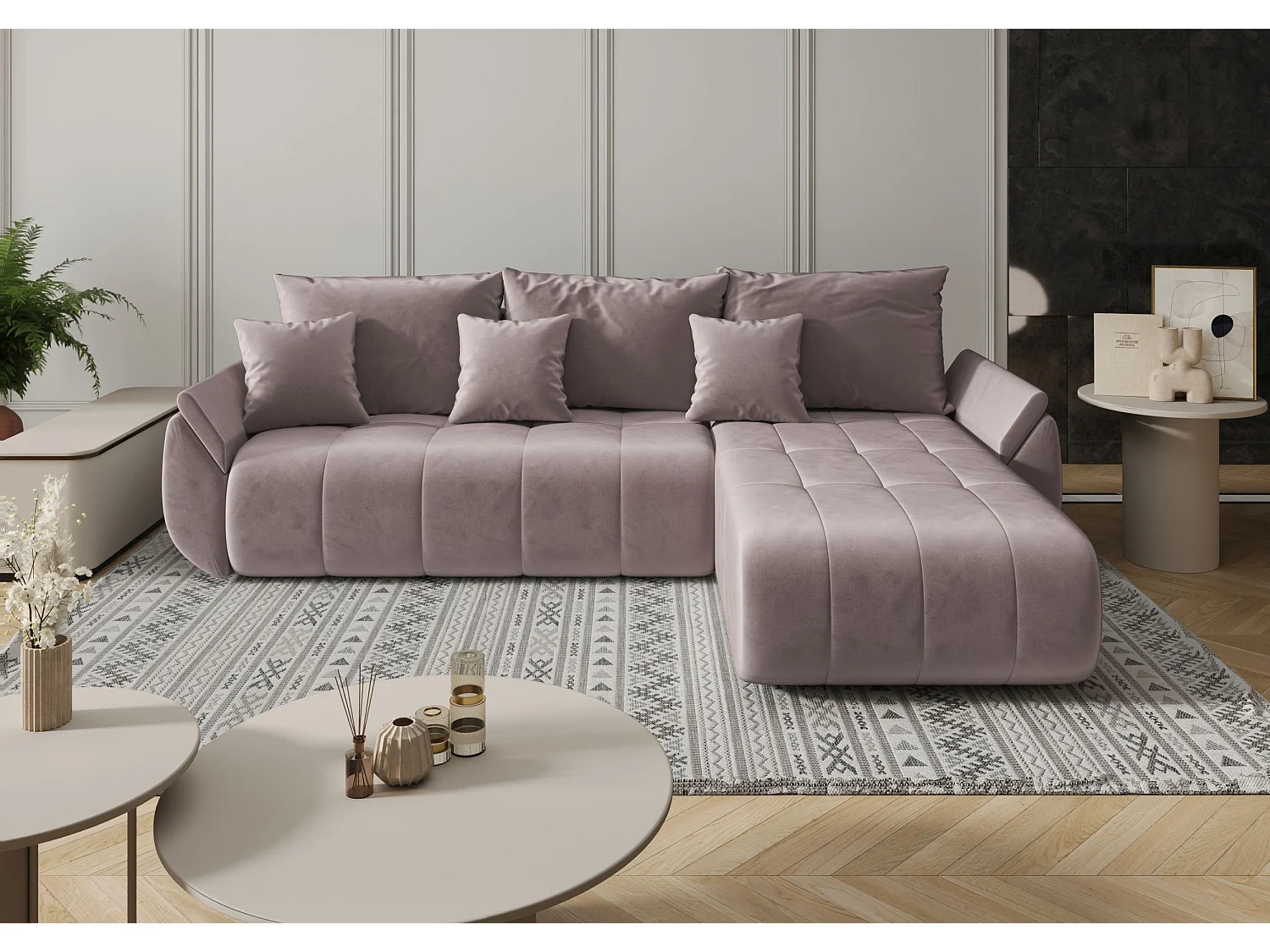 Canapé d'angle SYDNEY droit rose foncé velours Monolith 62 - fonction couchage, coffre à literie