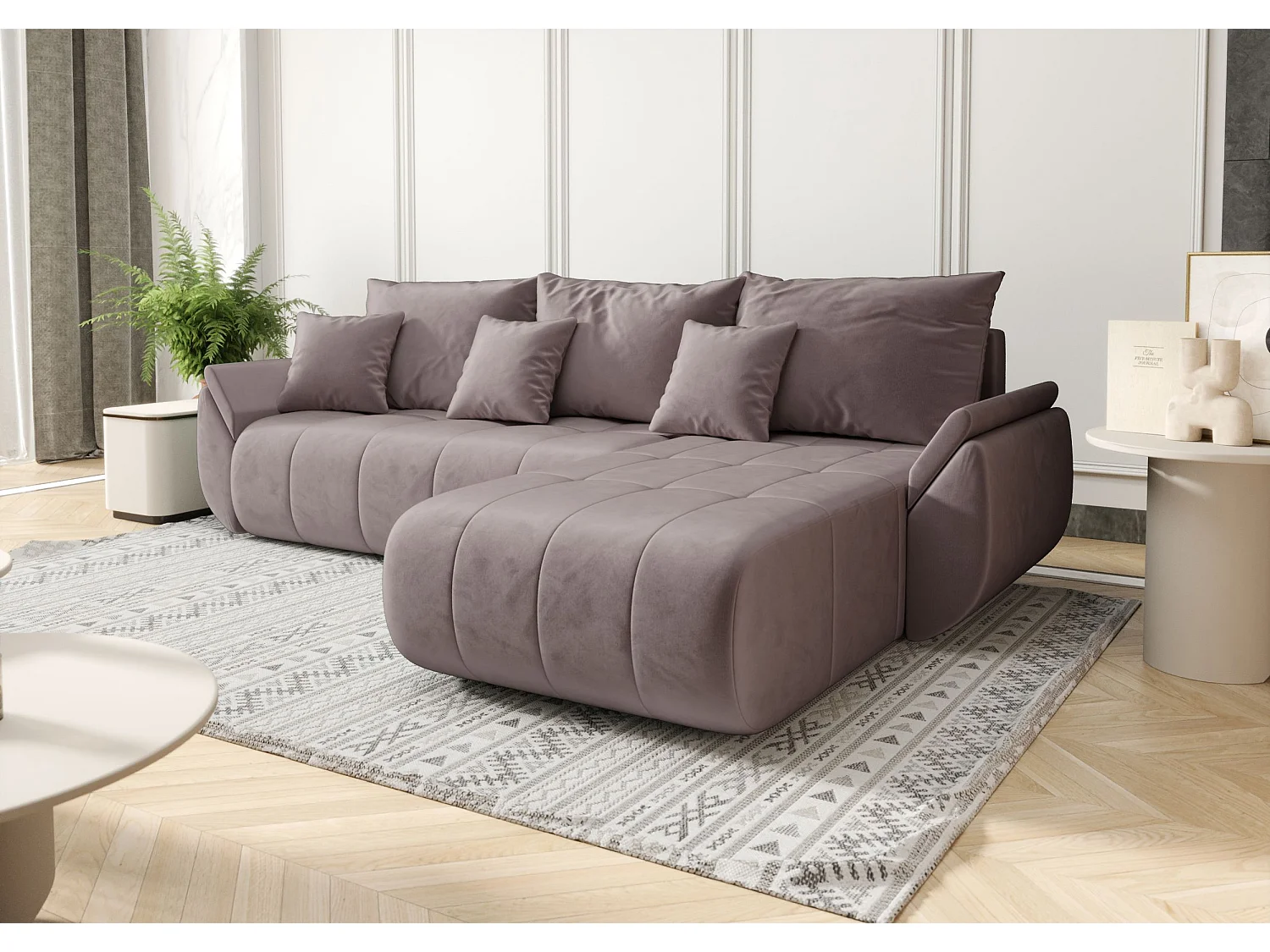 Canapé d'angle SYDNEY droit rose foncé velours Monolith 62 - fonction couchage, coffre à literie