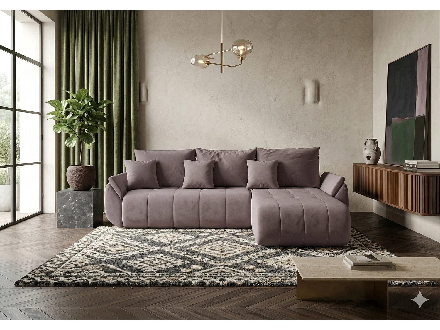 NOVA beige fluwelen hoekbank met slaapfunctie en opbergruimte-Oud roze-juiste hoek