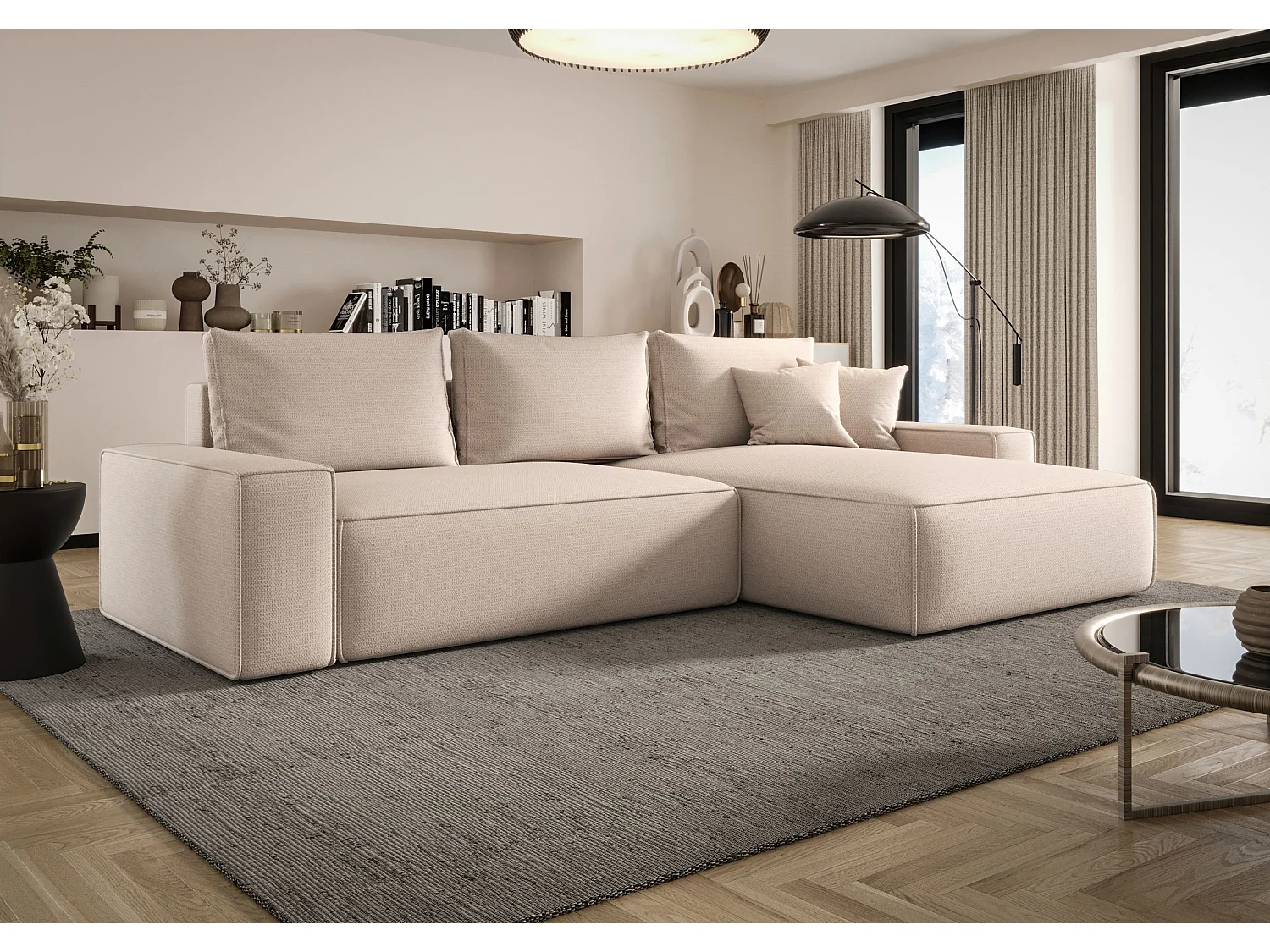 Canapé d'angle CALIFORNIA droit beige clair tricot Aragon 3 - fonction couchage, coffre à literie