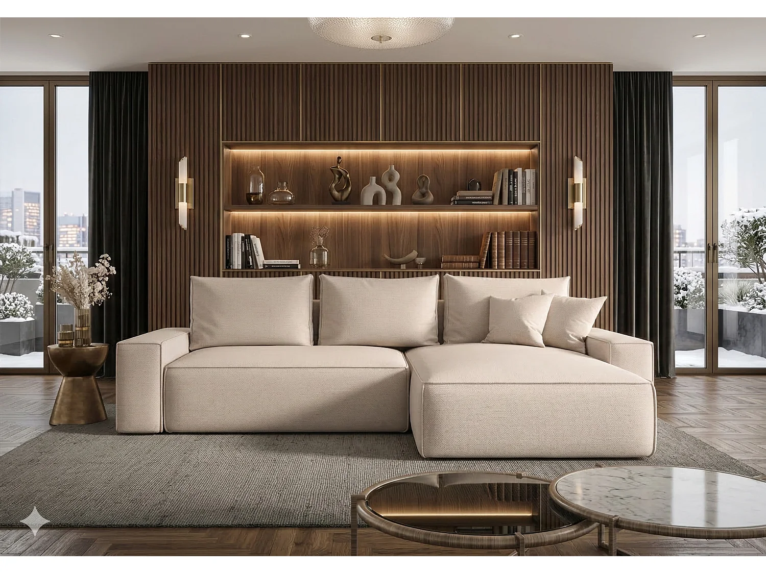 Canapé d’angle tissu tressé convertible avec coffre NINA-Beige-angle droit