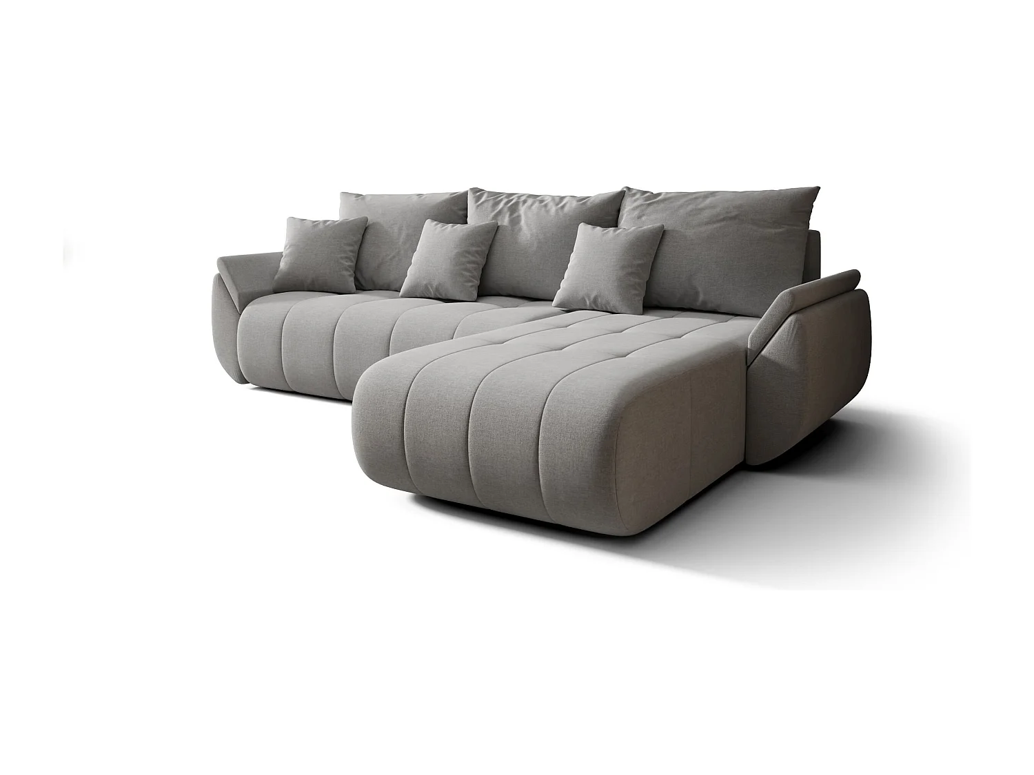 Canapé d'angle SYDNEY droit gris clair tricot Wind 84 - fonction couchage, coffre à literie