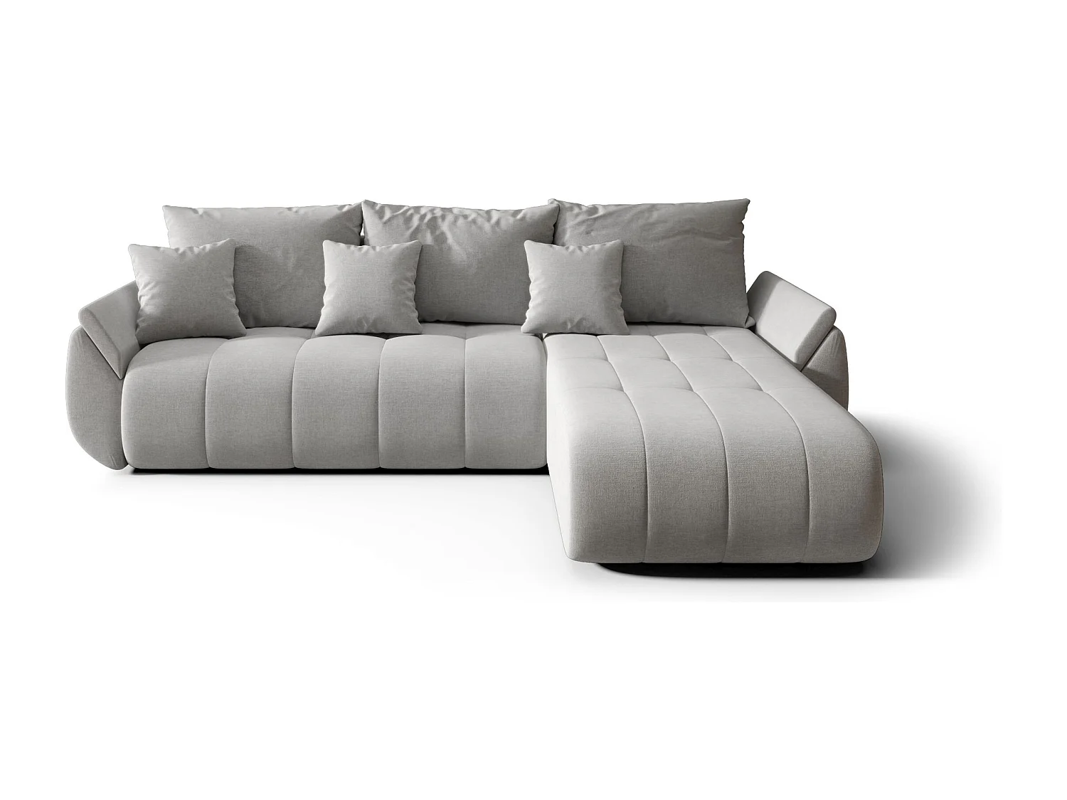 Canapé d'angle SYDNEY droit gris clair tricot Wind 84 - fonction couchage, coffre à literie