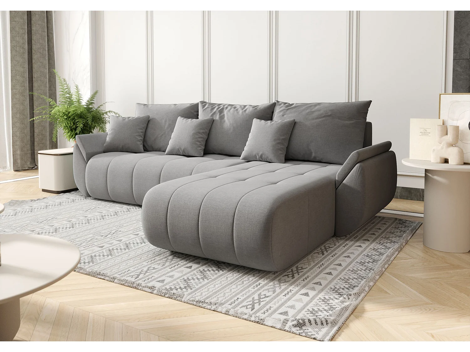 Canapé d'angle SYDNEY droit gris clair tricot Wind 84 - fonction couchage, coffre à literie