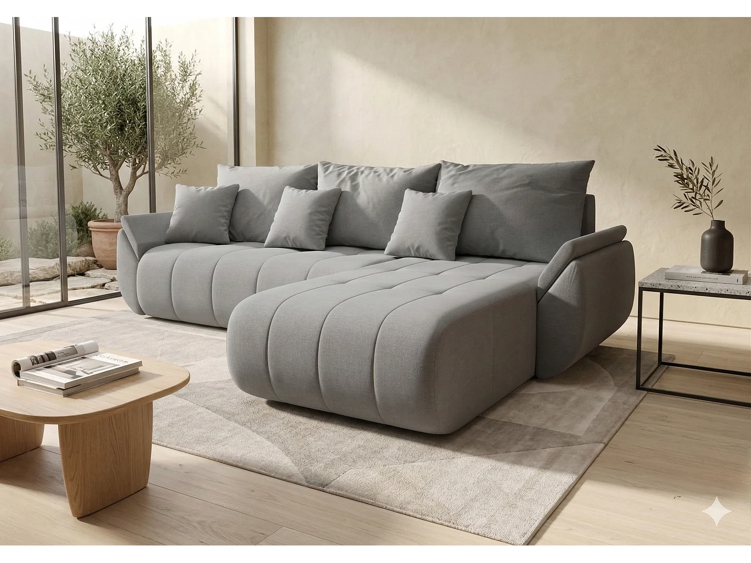 Canapé d’angle velours chenille convertible avec coffre NOVA-Gris clair-angle droit