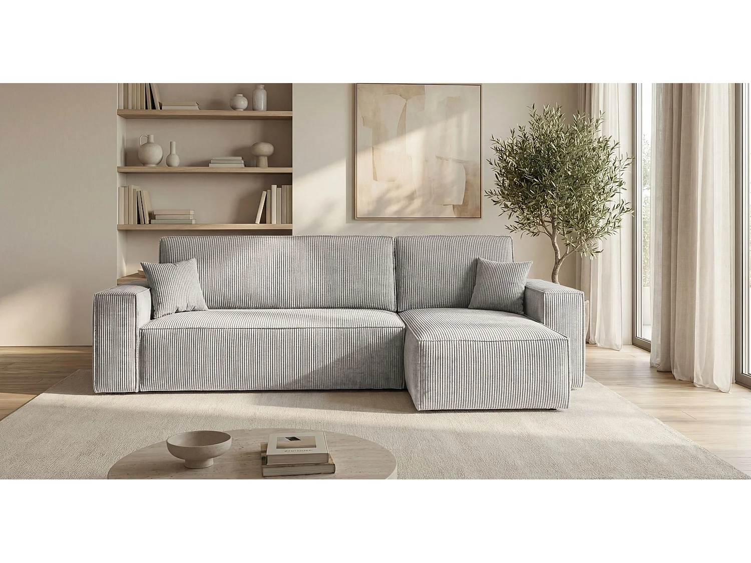 Canapé d'angle CALIFORNIA MINI droit gris velours côtelé Poso 55 - fonction couchage, coffre à literie