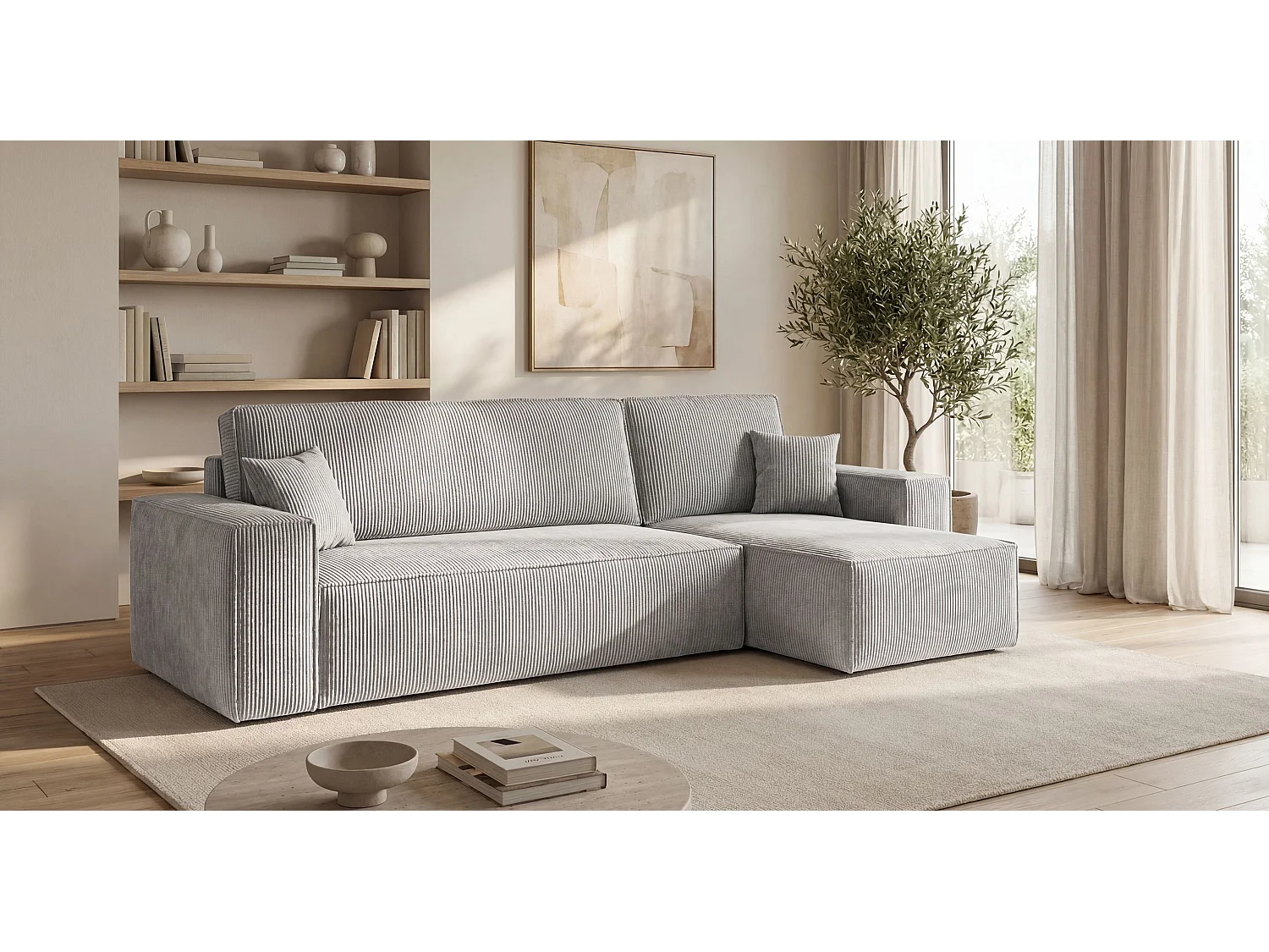 Canapé d'angle CALIFORNIA MINI droit gris velours côtelé Poso 55 - fonction couchage, coffre à literie
