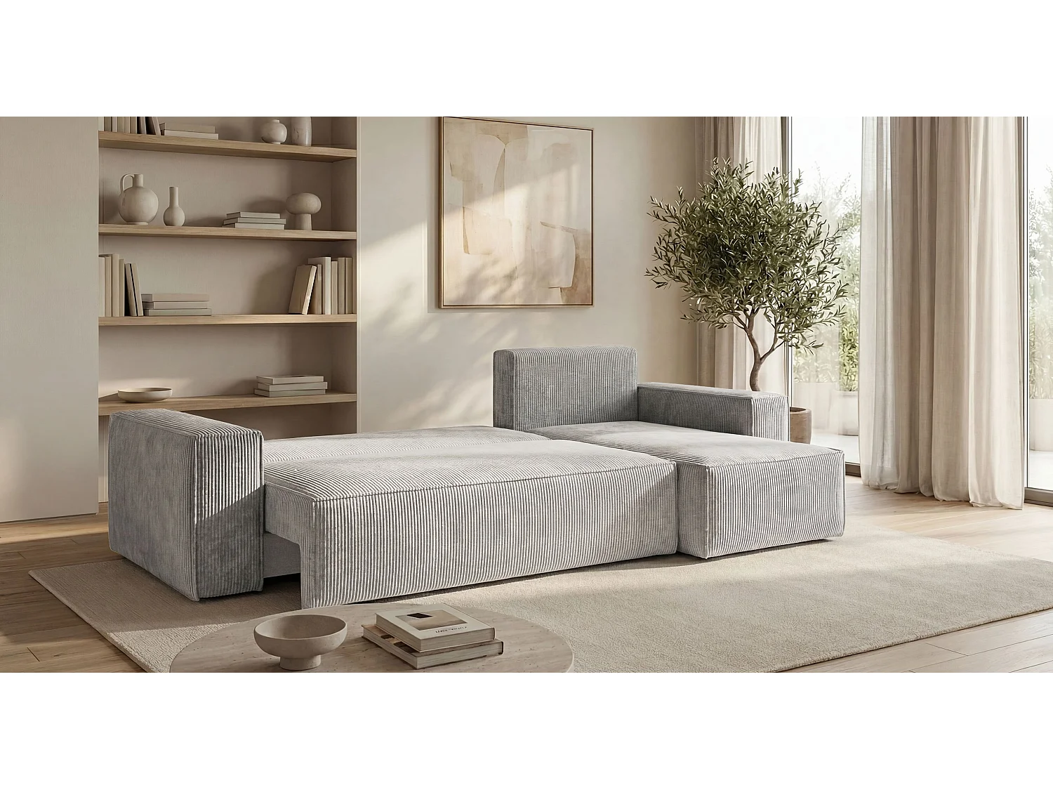 Canapé d'angle CALIFORNIA MINI droit gris velours côtelé Poso 55 - fonction couchage, coffre à literie