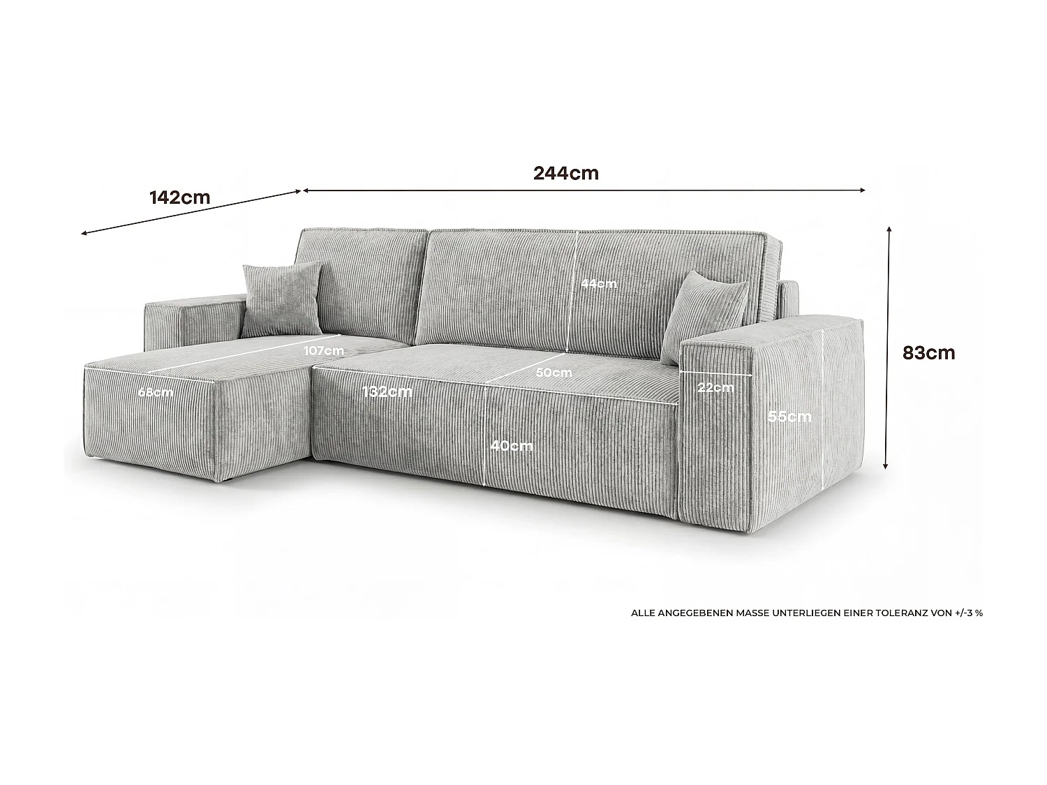 Canapé d'angle CALIFORNIA MINI droit gris velours côtelé Poso 55 - fonction couchage, coffre à literie