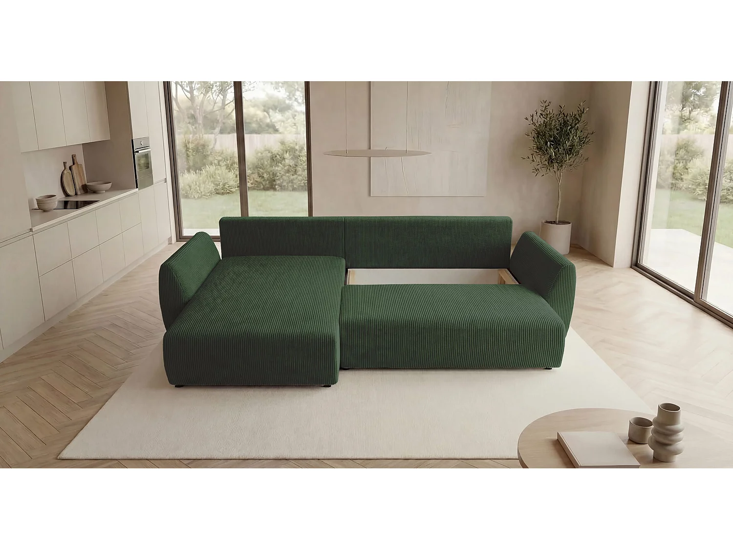 Canapé d'angle SYDNEY gauche vert velours côtelé Poso 14 - fonction couchage, coffre à literie