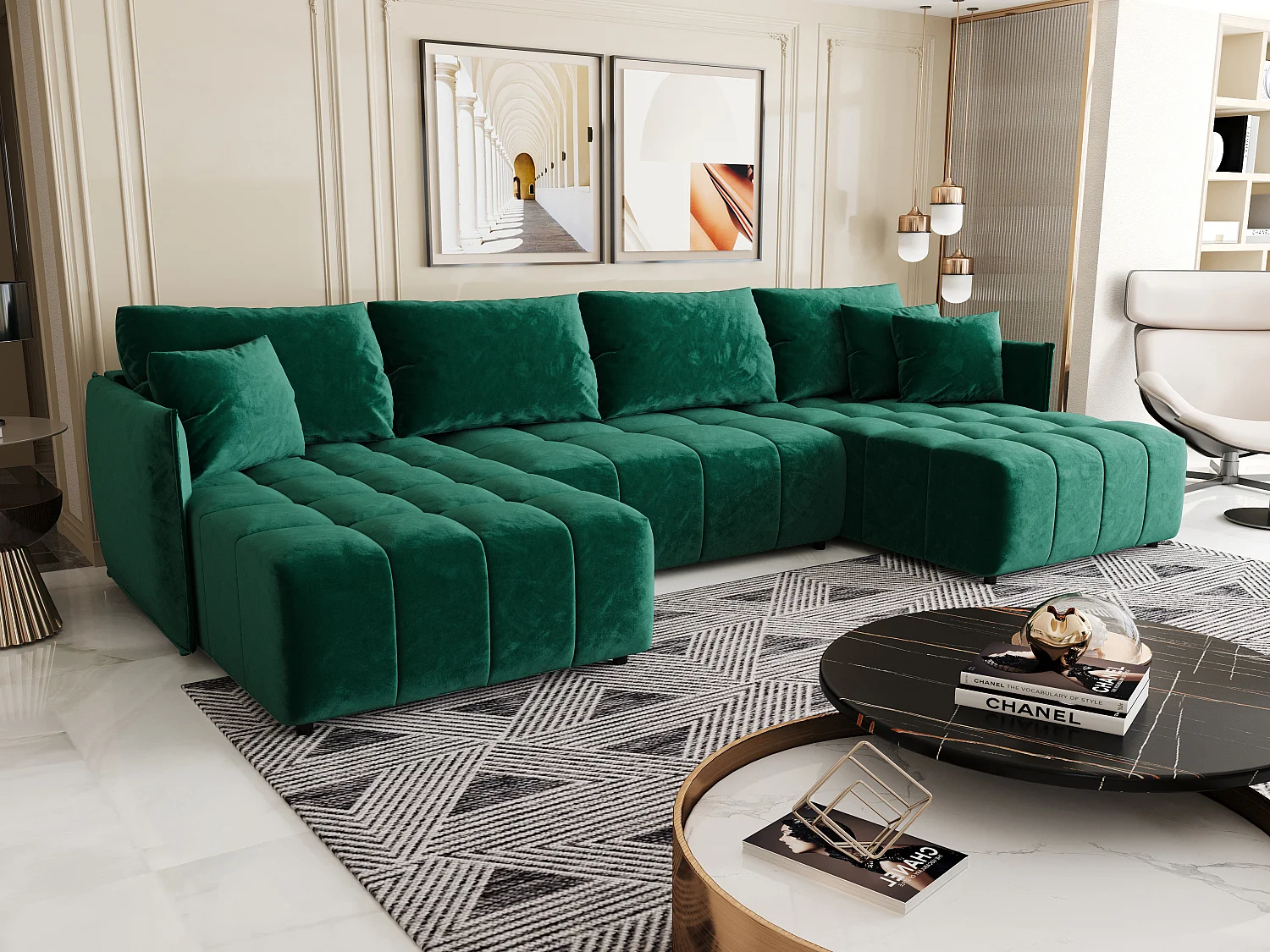 Canapé d'angle CHICAGO en U vert velours Monolith 37 - fonction couchage, coffre à literie