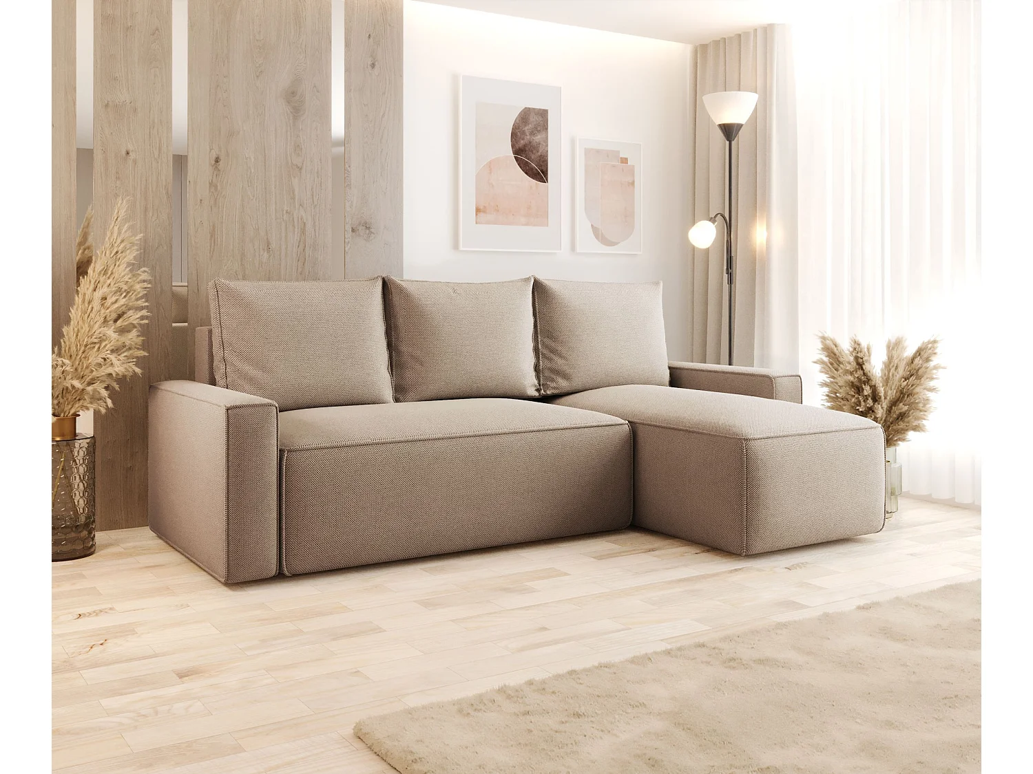 Canapé d'angle HAVANA droit Jasno Brazowy tricot Curio 15 - fonction couchage, coffre à literie