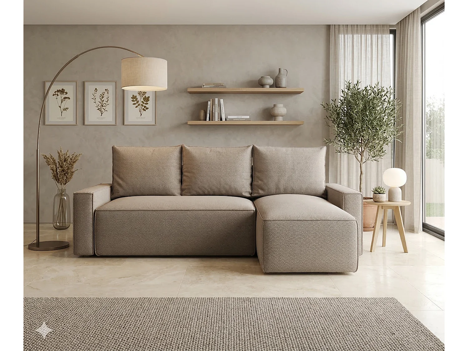 NORE Convertible Stoffen Hoekbank met Ingebouwde Opbergruimte-Donker beige-juiste hoek