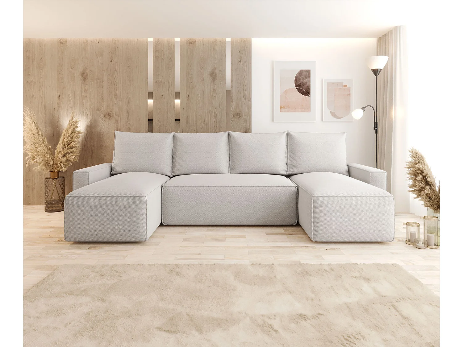 Canapé d'angle HAVANA en U beige clair tricot Curio 2 - fonction couchage, coffre à literie