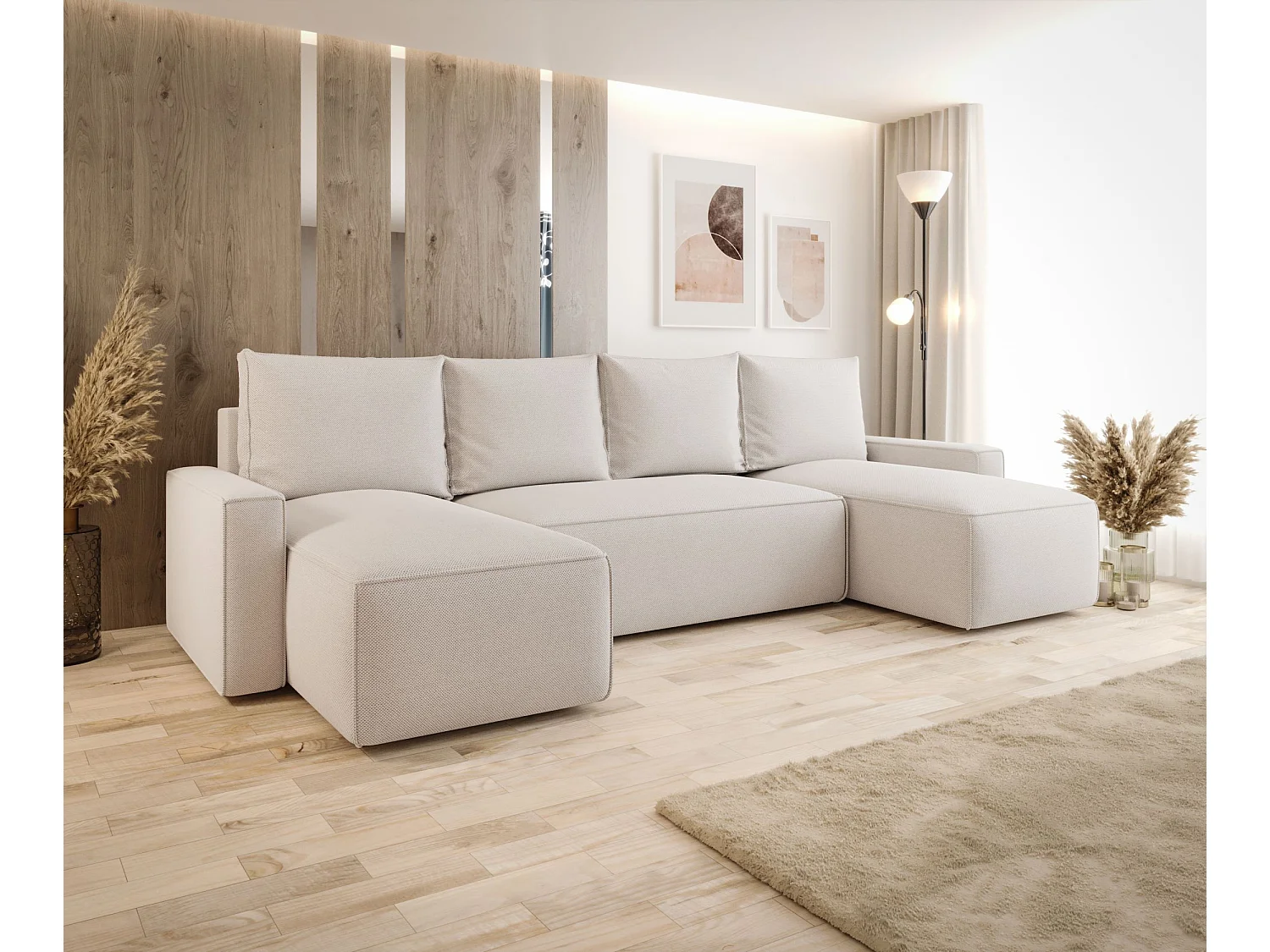 Canapé d'angle HAVANA en U beige clair tricot Curio 2 - fonction couchage, coffre à literie
