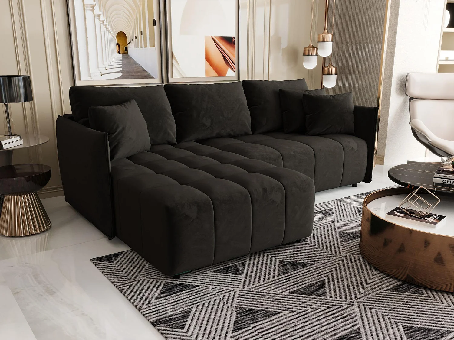 Canapé d'angle CHICAGO gauche graphite velours Monolith 95 - fonction couchage, coffre à literie