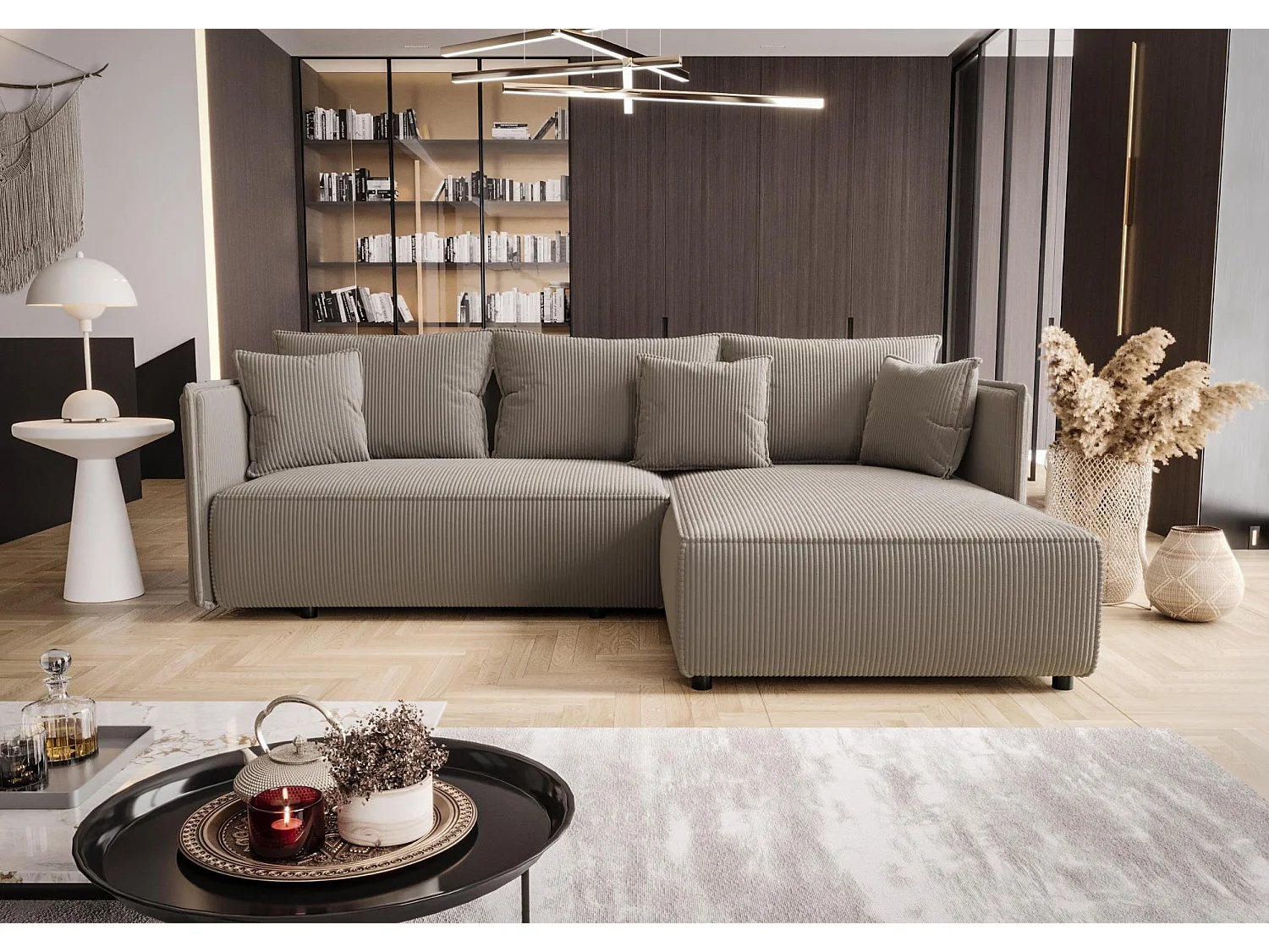Canapé d'angle MILANO droit brun clair velours côtelé Poso 3 - fonction couchage, coffre à literie