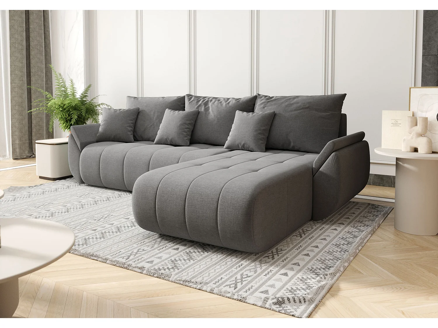 Canapé d'angle SYDNEY droit beige foncé tricot Wind 21 - fonction couchage, coffre à literie