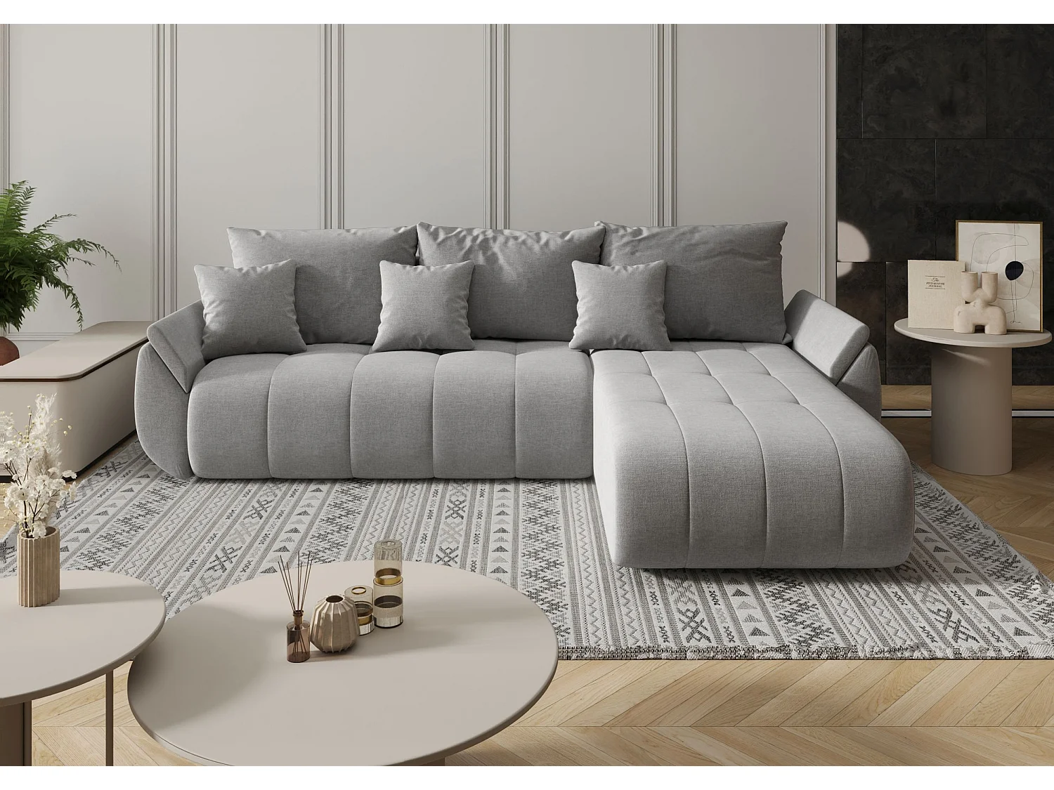 Canapé d'angle SYDNEY droit beige foncé tricot Wind 21 - fonction couchage, coffre à literie
