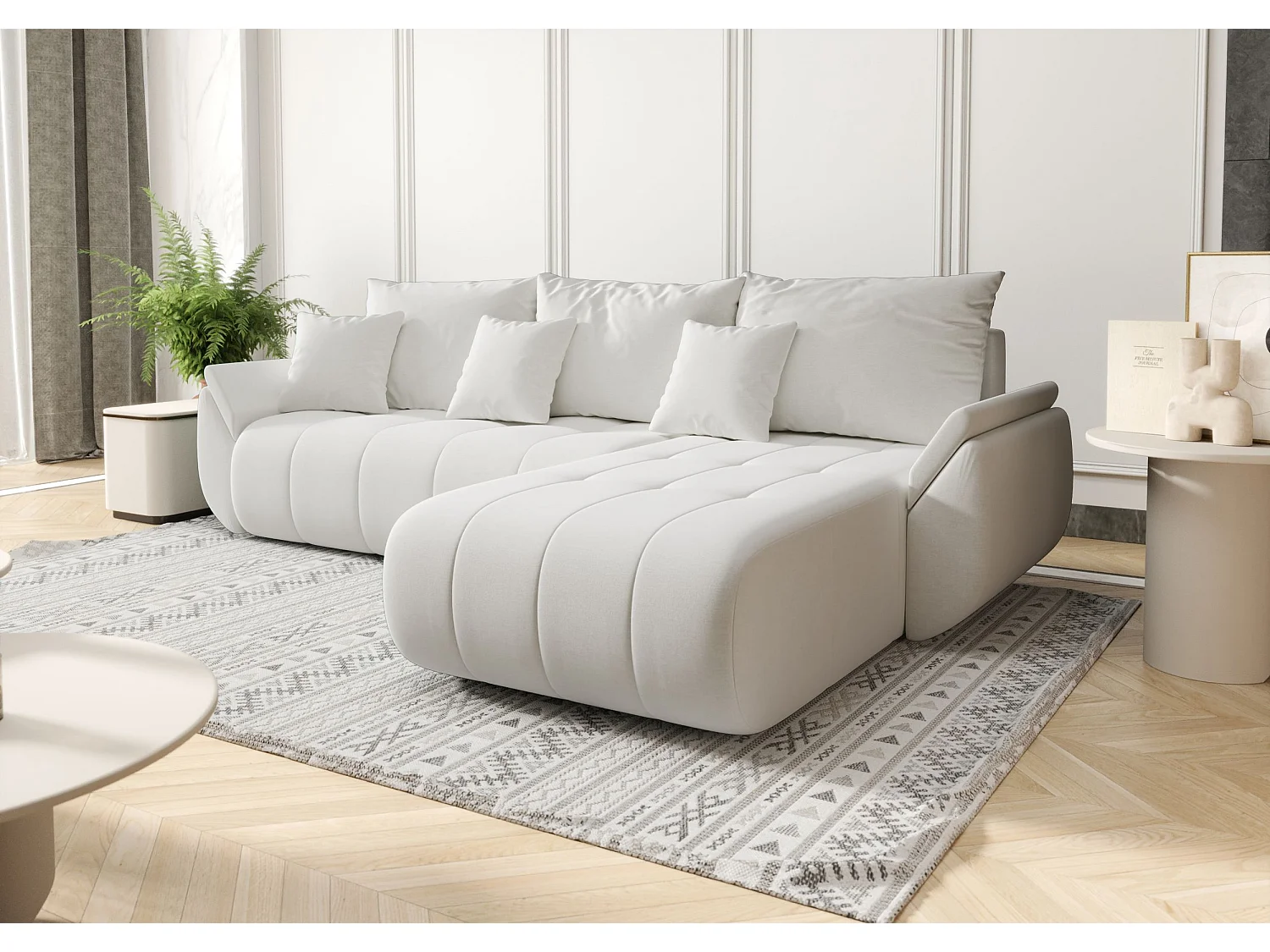 Canapé d'angle SYDNEY droit blanc tricot Wind 2 - fonction couchage, coffre à literie