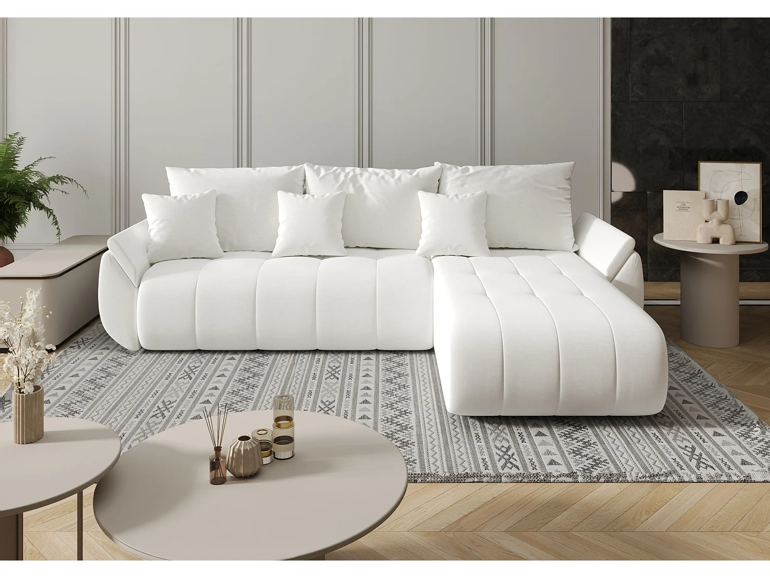 Canapé d'angle SYDNEY droit blanc tricot Wind 2 - fonction couchage, coffre à literie