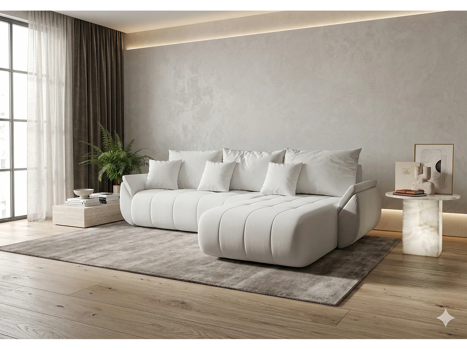 Canapé d’angle velours chenille convertible avec coffre NOVA-Blanc cassé-angle droit