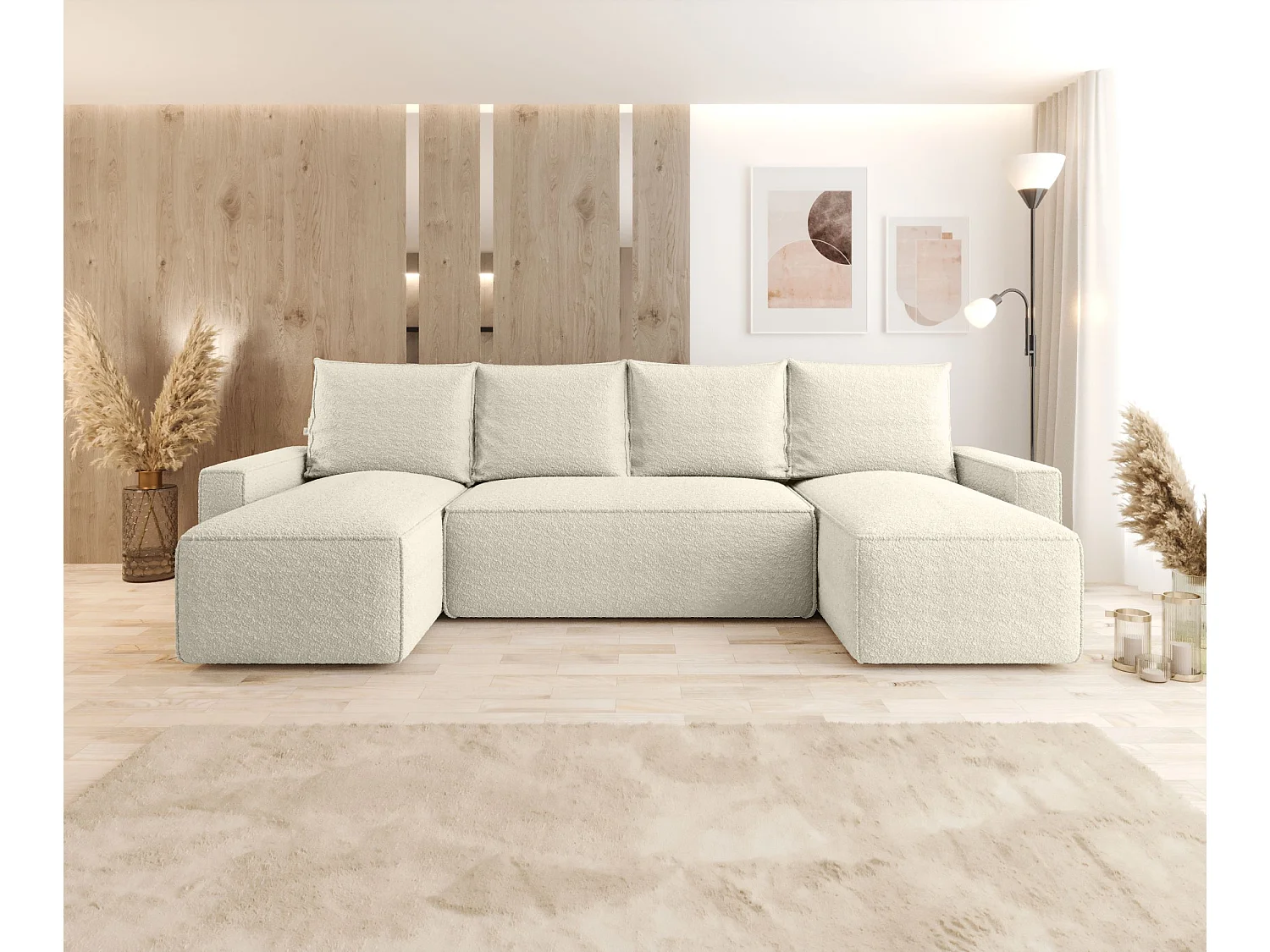 Canapé d'angle HAVANA en U beige Bukle Quelle 3 - fonction couchage, coffre à literie