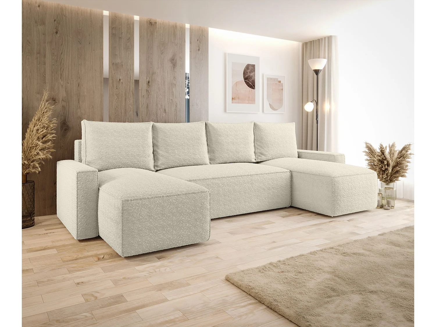 Canapé d'angle HAVANA en U beige Bukle Quelle 3 - fonction couchage, coffre à literie