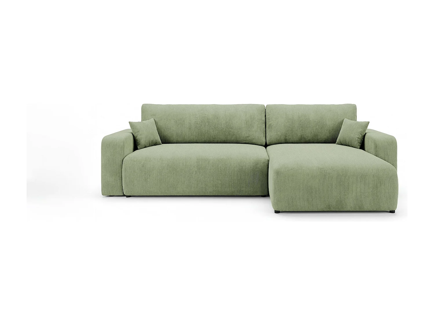 Canapé d'angle BERLIN droit vert clair velours côtelé Poso 47 - fonction couchage, coffre à literie