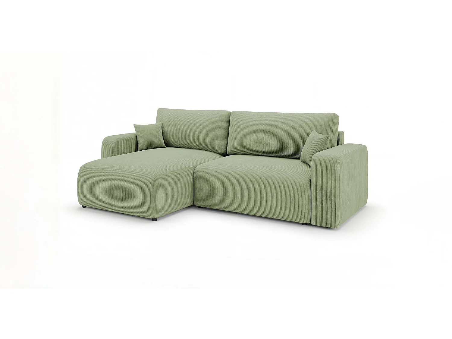 Canapé d'angle BERLIN droit vert clair velours côtelé Poso 47 - fonction couchage, coffre à literie