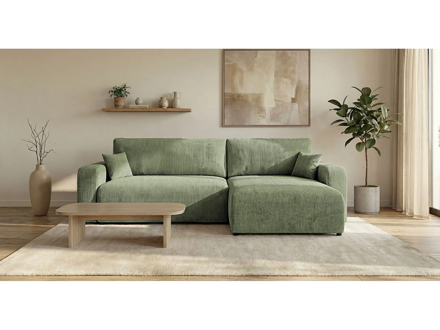 Canapé d'angle BERLIN droit vert clair velours côtelé Poso 47 - fonction couchage, coffre à literie
